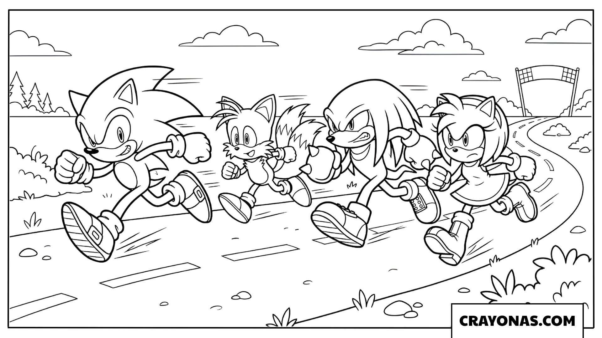 Sonic and Friends Racing Together Coloring Page