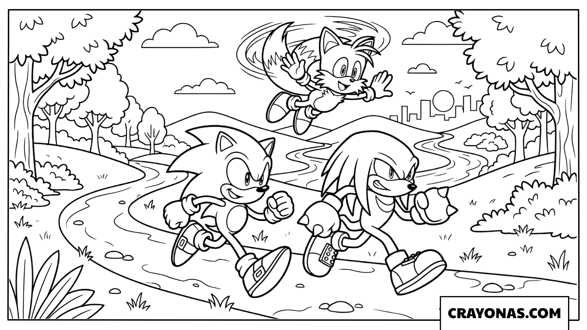 Sonic and Friends Running Through Nature Coloring Page