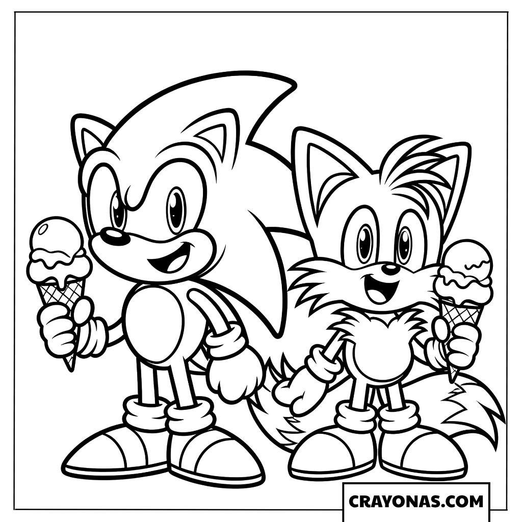 Sonic and Tails Enjoying Ice Cream Coloring Page