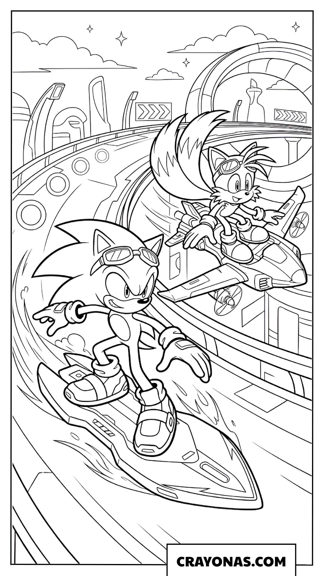 Sonic and Tails Hoverboarding in the Sky Coloring Page