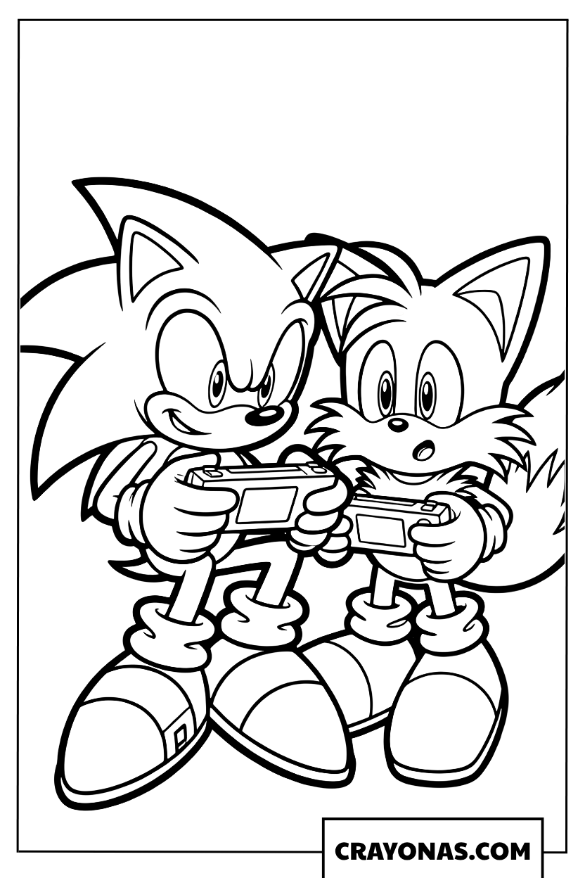 Sonic and Tails Playing Video Games Coloring Page