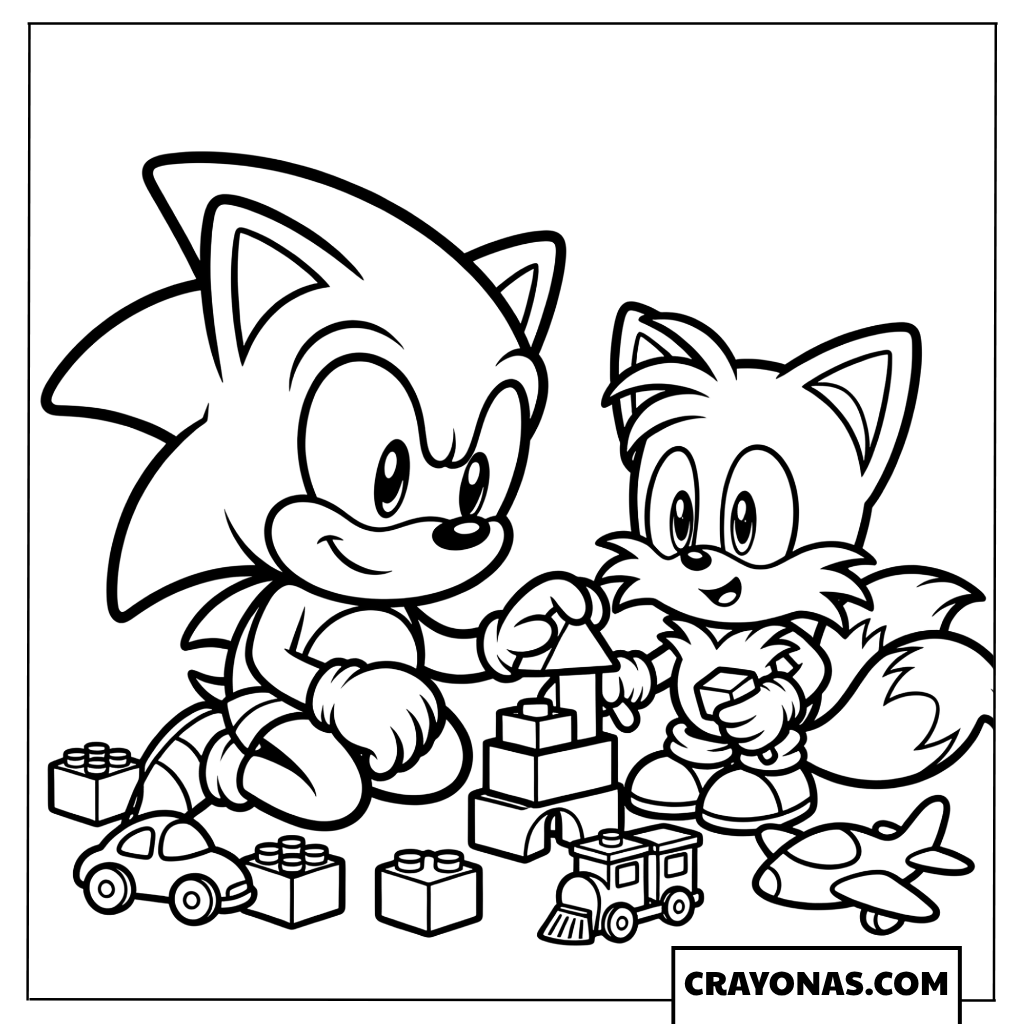 Sonic and Tails Playing with Toy Blocks Coloring Page