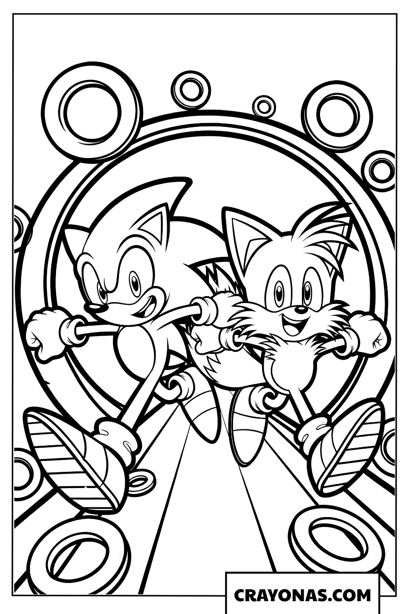 Sonic and Tails Racing Through Speed Rings Coloring Page