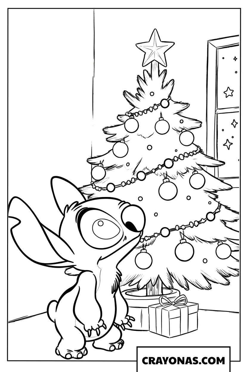 Stitch Admiring the Christmas Tree Coloring Page