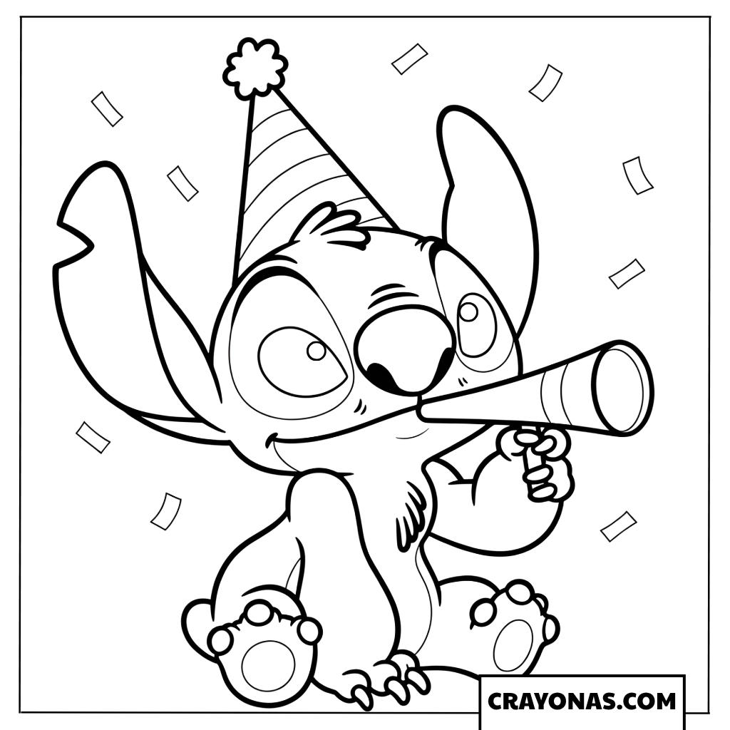 Stitch Blowing a Party Horn Coloring Page