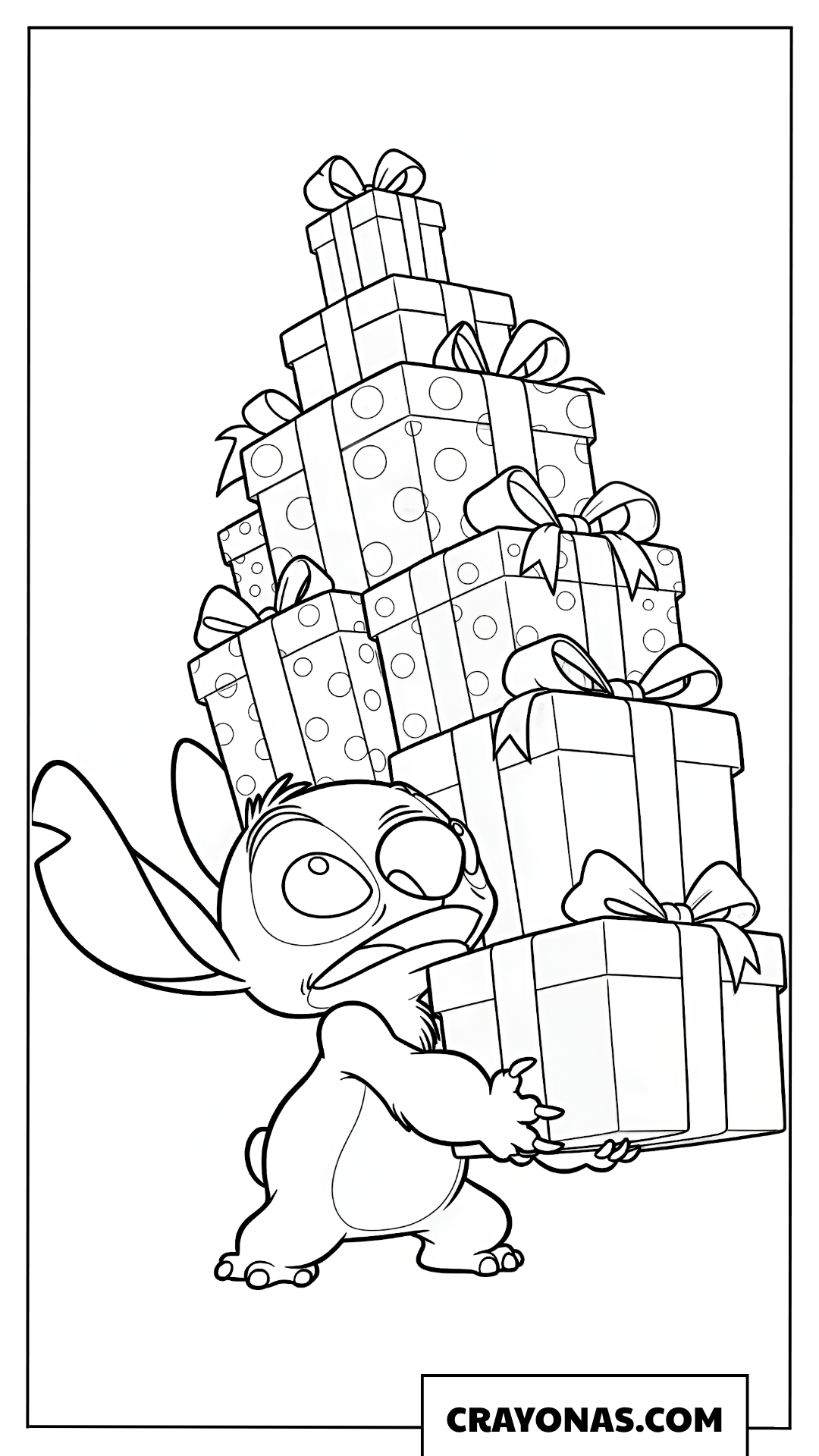 Stitch Carrying a Huge Stack of Gifts Coloring Page