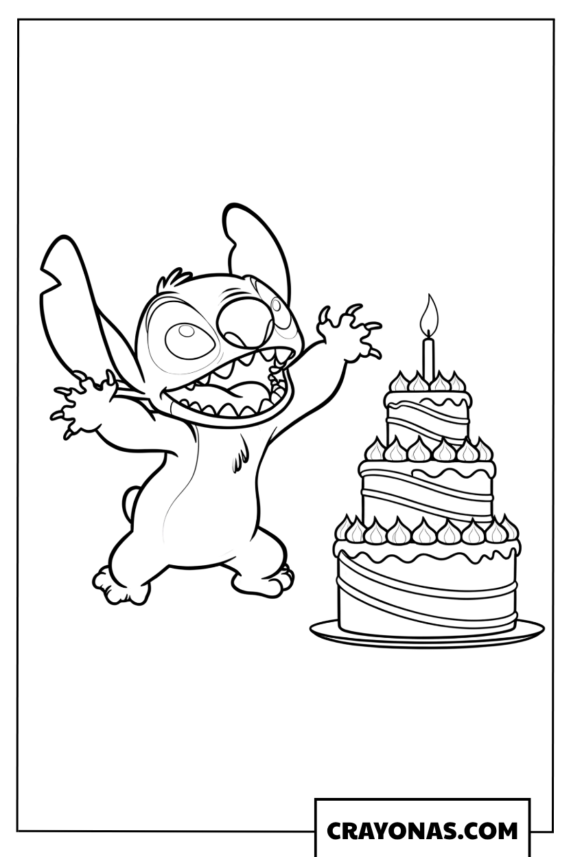 Stitch Dancing with Birthday Cake Coloring Page