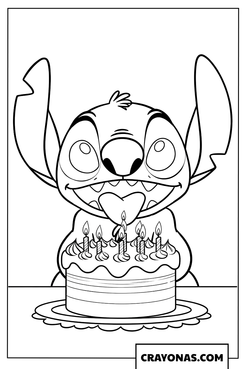 Stitch Excited with Birthday Cake Coloring Page