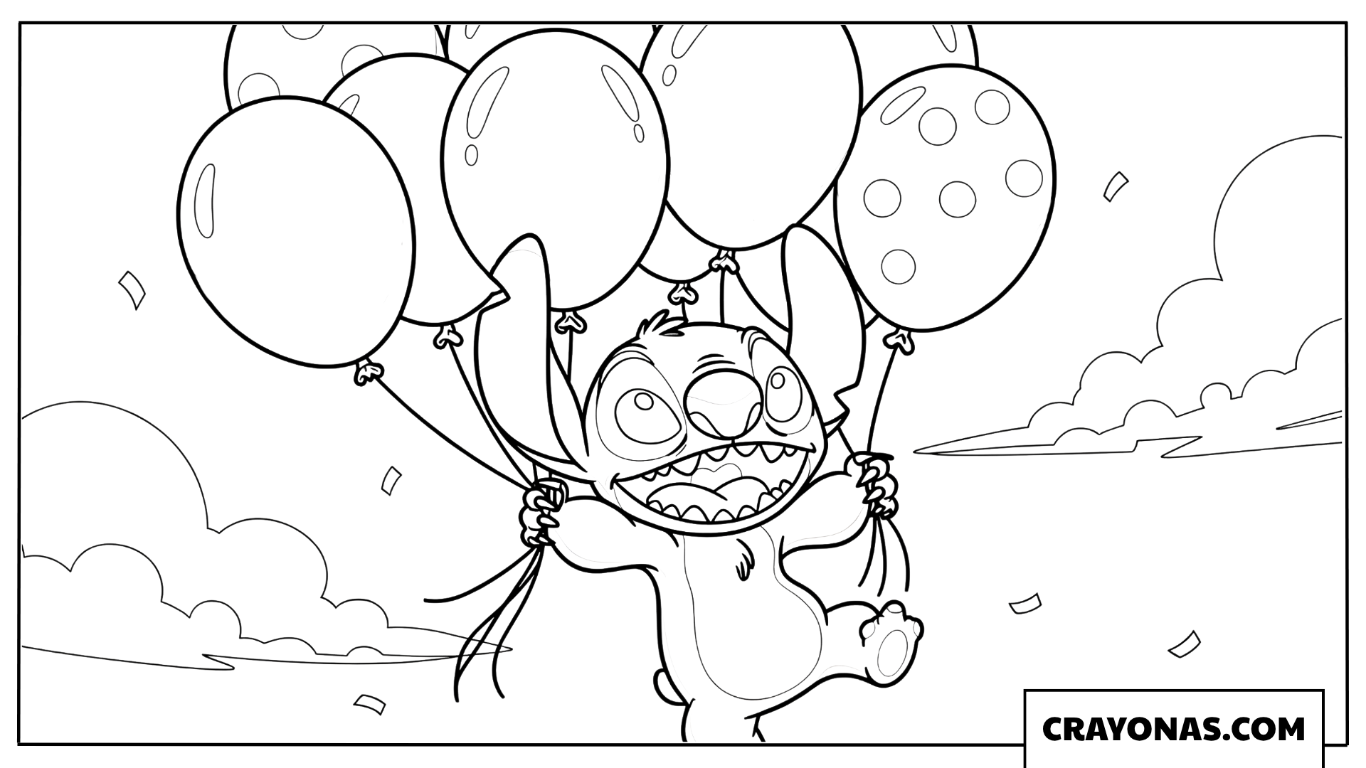 Stitch Flying Away with Birthday Balloons Coloring Page