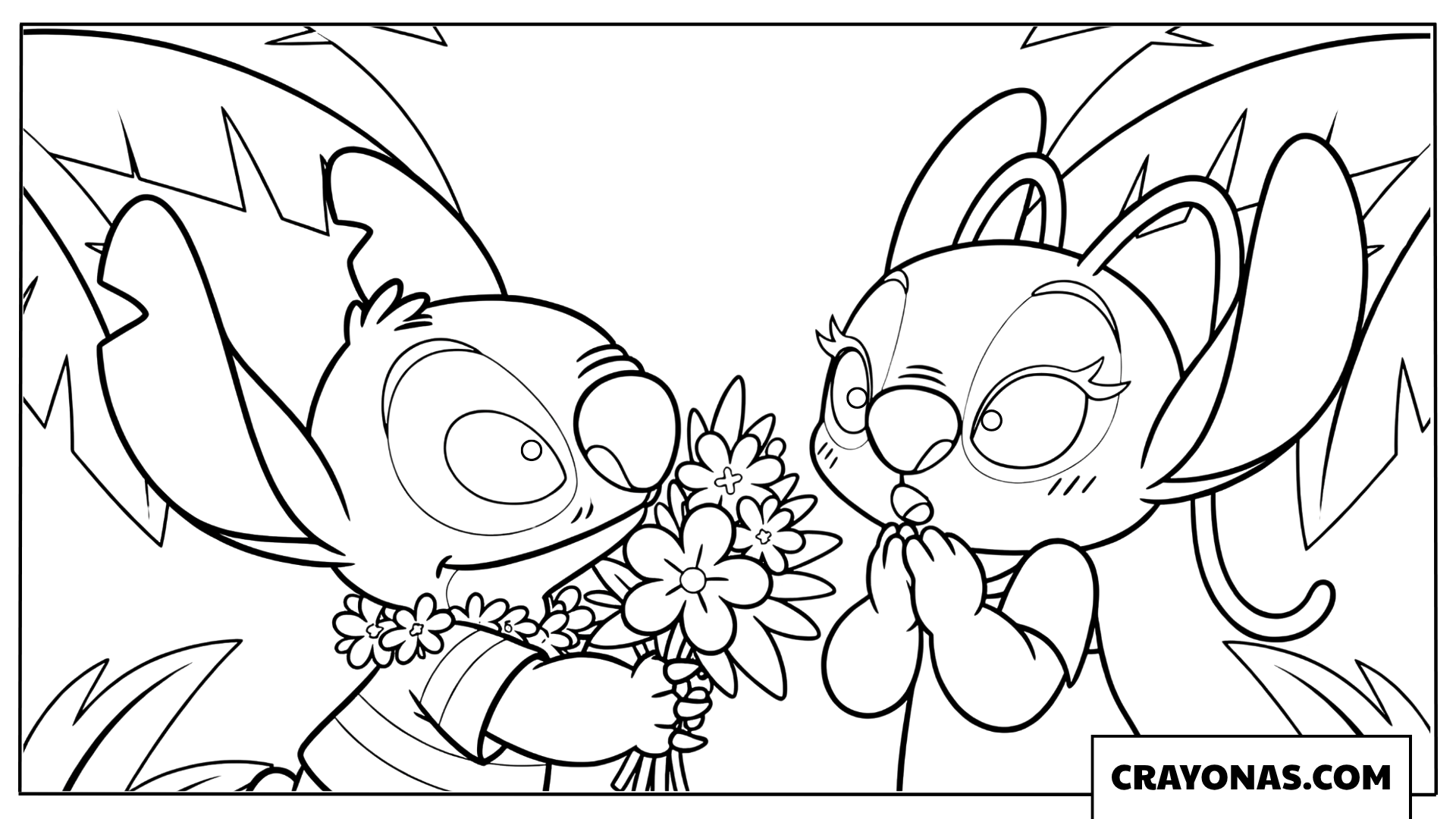 Stitch Giving Flowers to Angel Coloring Page