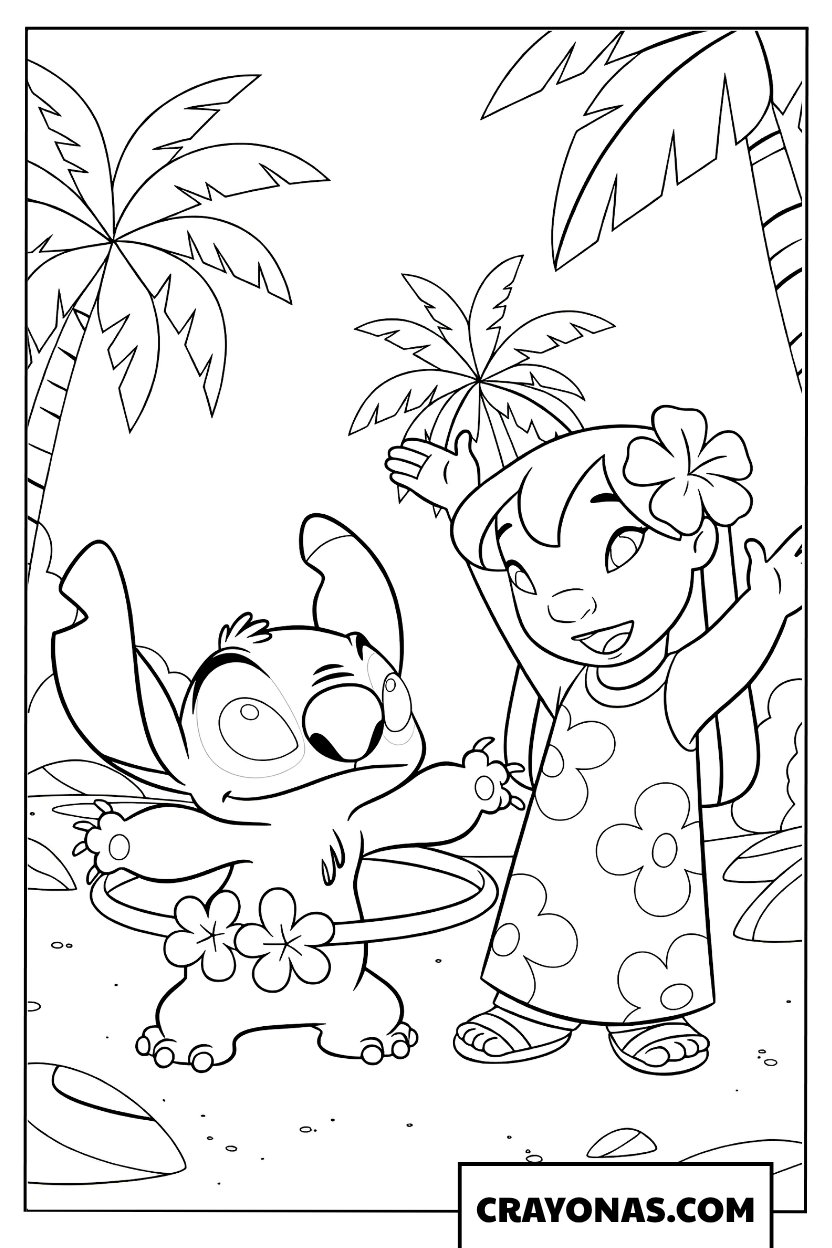 Stitch Learning to Dance Hula with Lilo Coloring Page