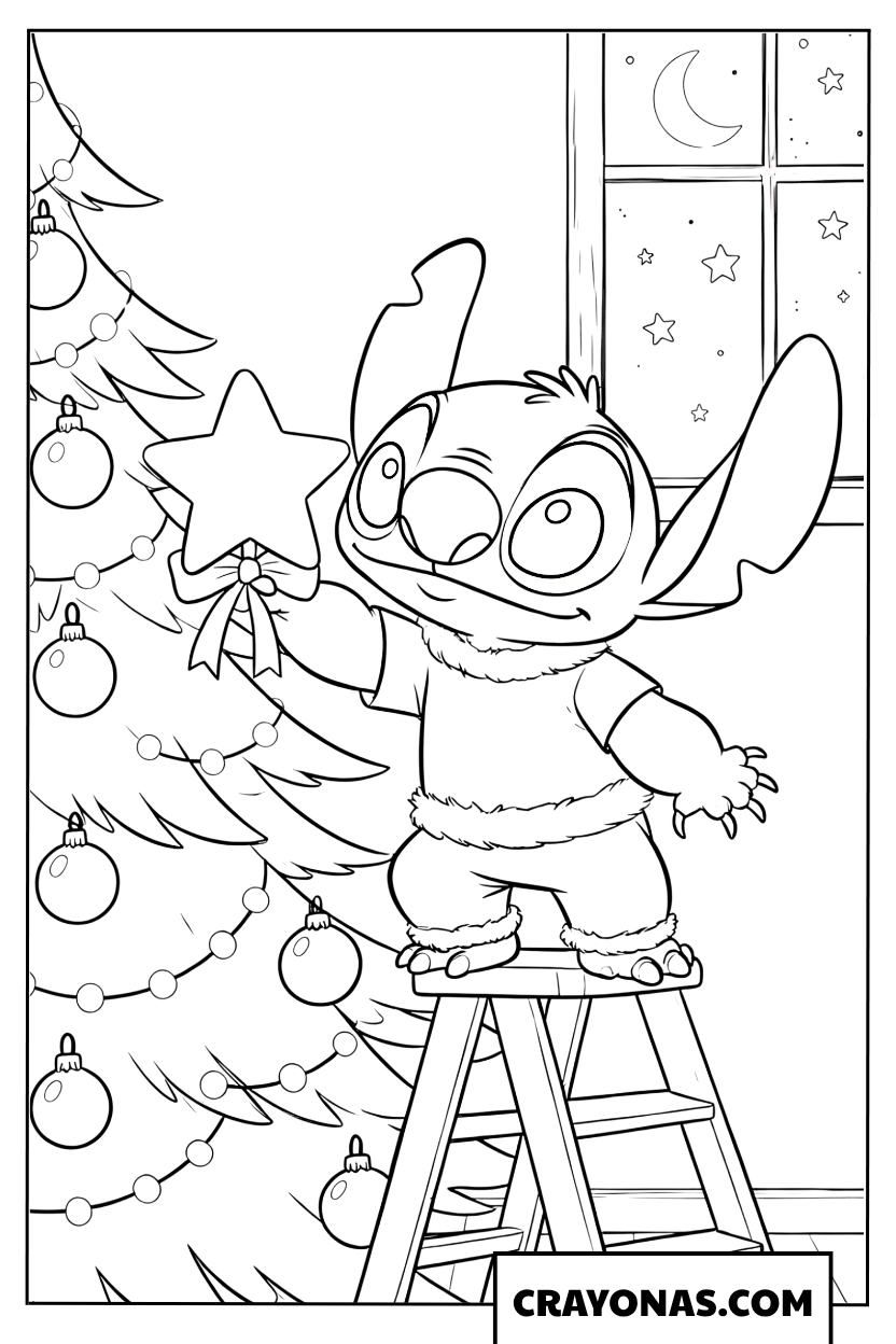 Stitch Placing the Tree-Topper Star Coloring Page