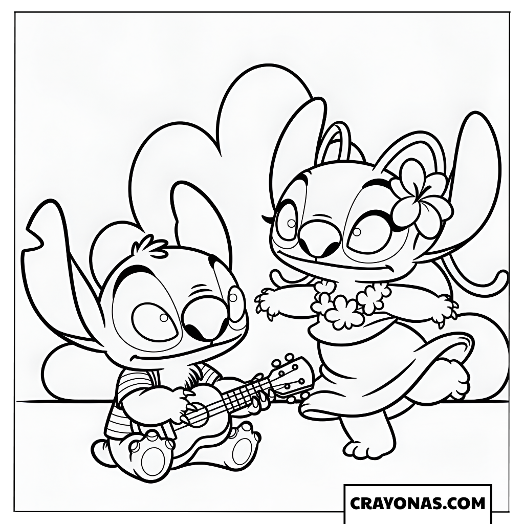 Stitch Playing Ukulele for Angel Dancing Coloring Page