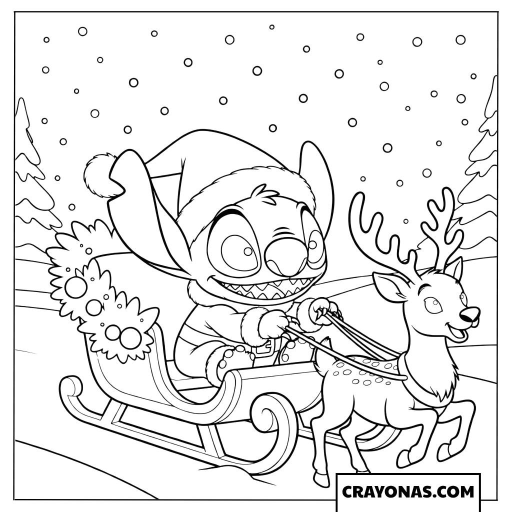 Stitch Riding Reindeer Sleigh Coloring Page