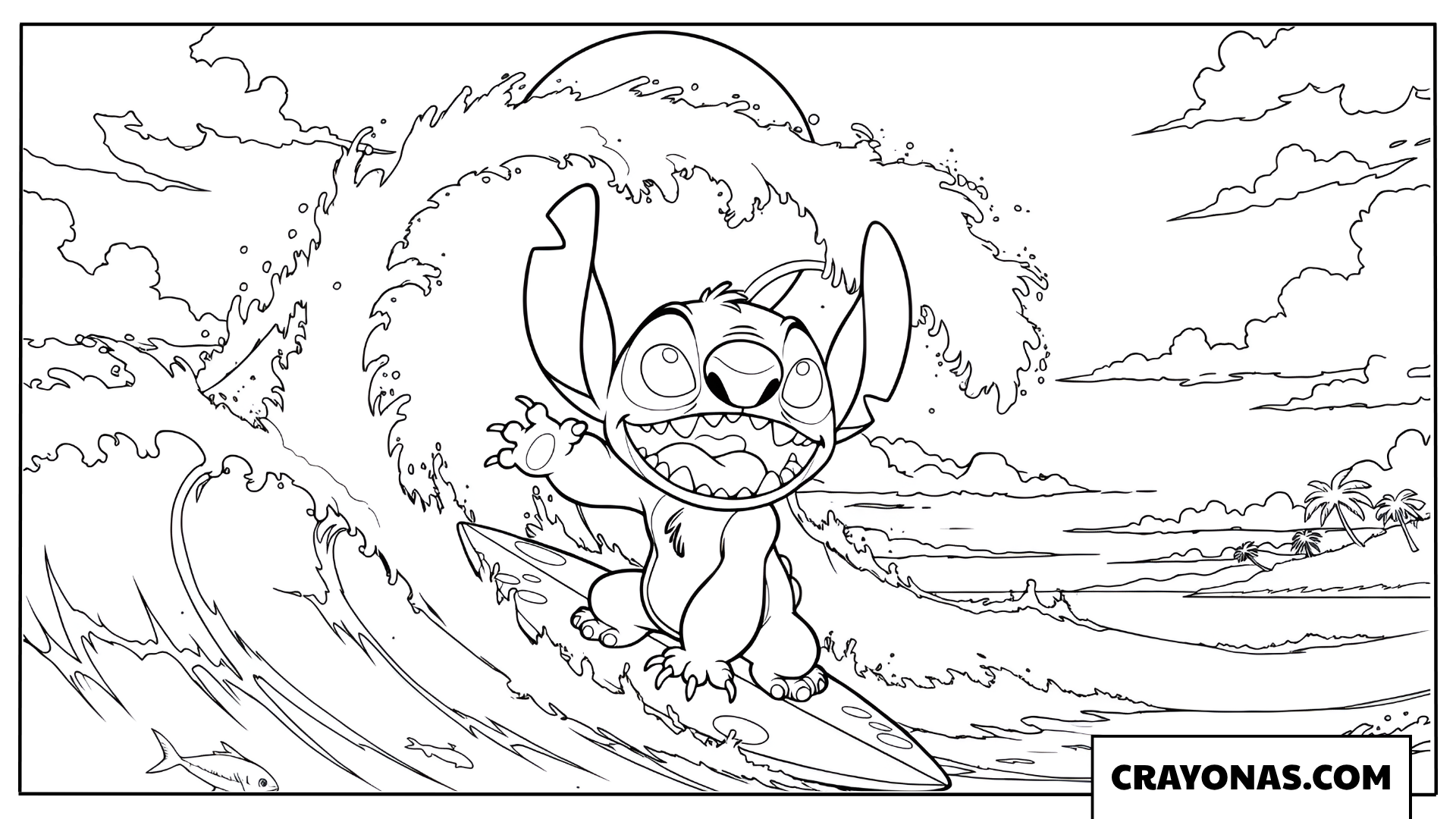 Stitch Riding the Ocean Waves Coloring Page