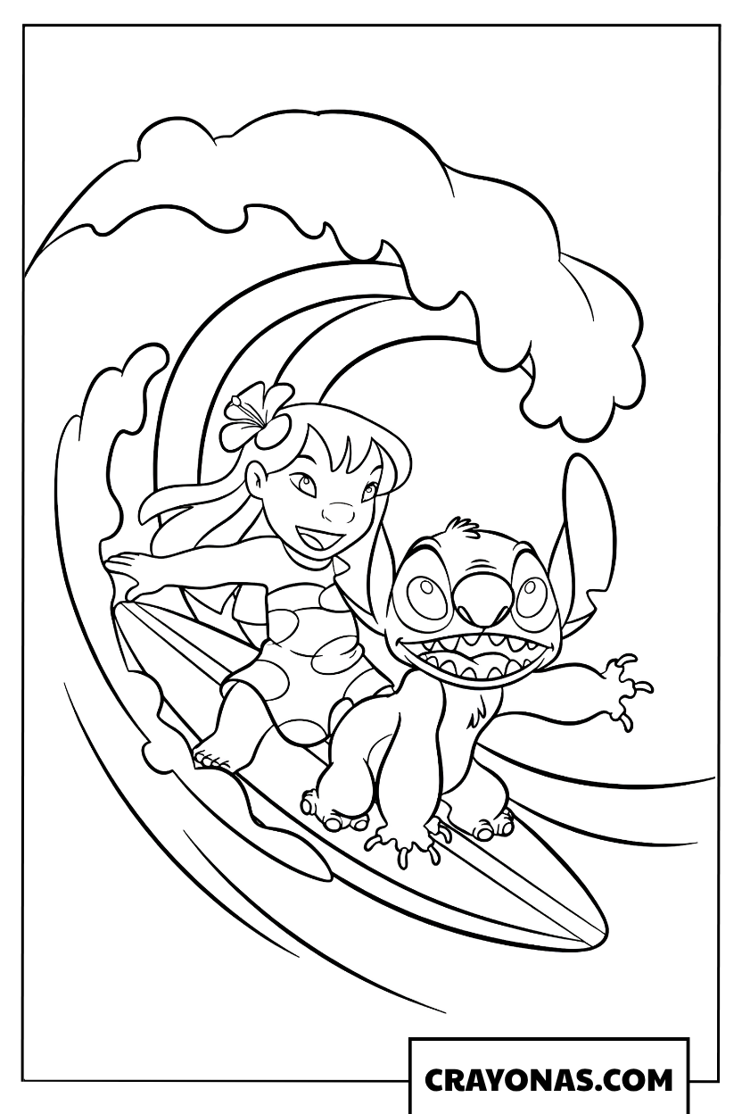 Stitch Surfing with Lilo Coloring Page