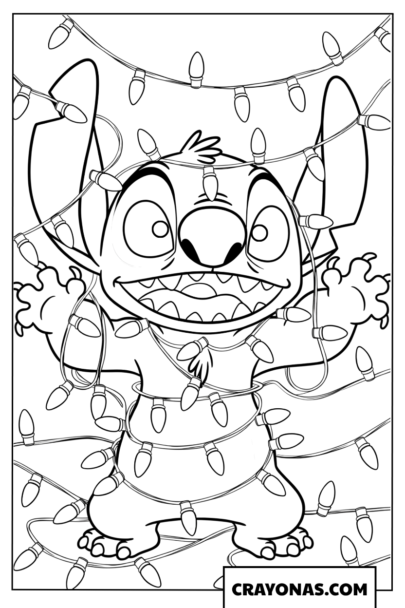 Stitch Tangled in Christmas Lights Coloring Page