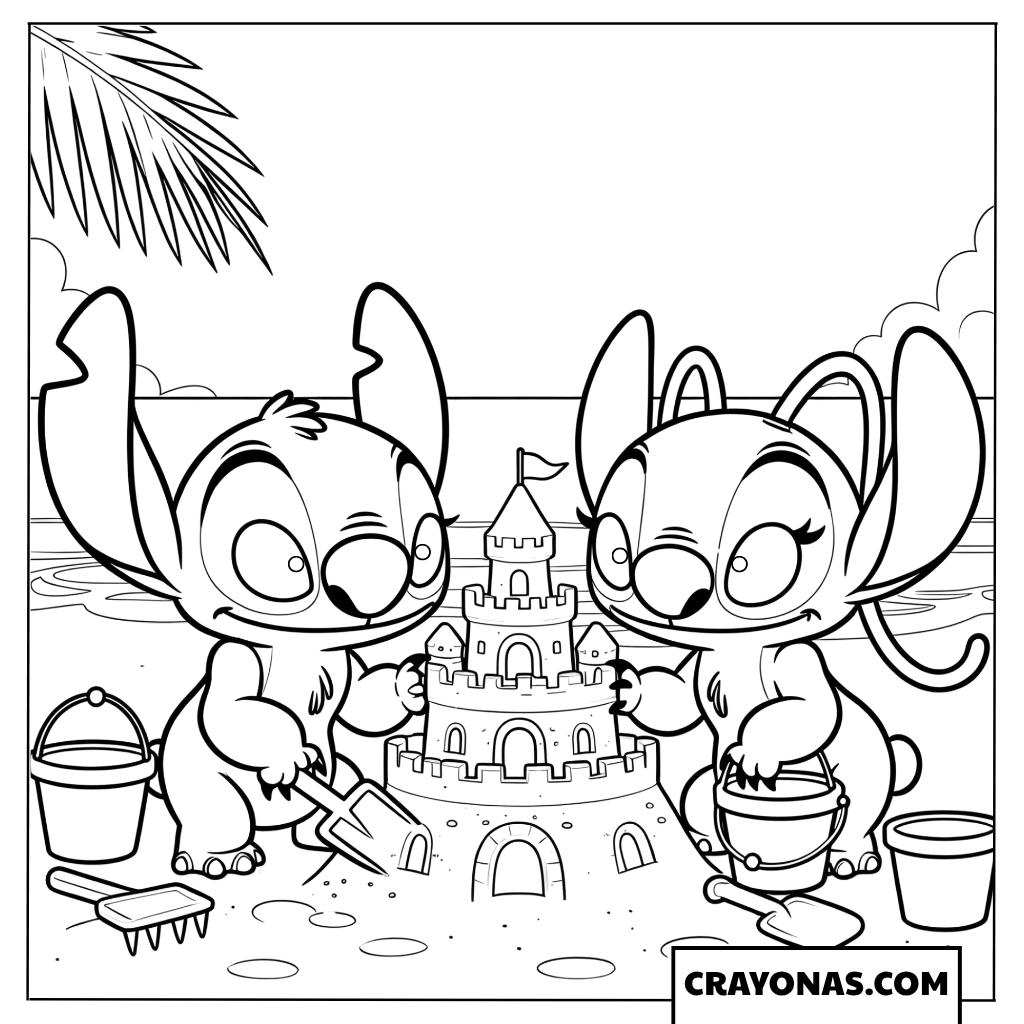 Stitch and Angel Building a Sandcastle Coloring Page