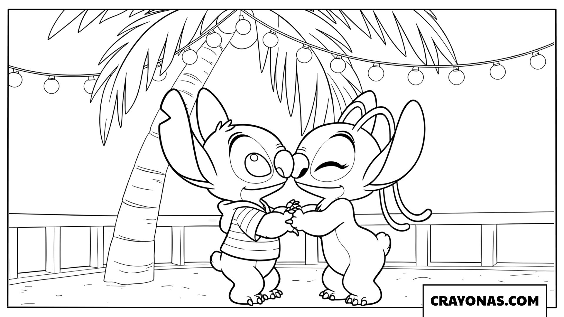 Stitch and Angel Dancing Under Beach Lights Coloring Page