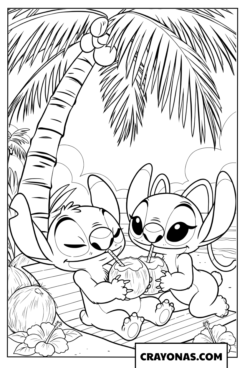Stitch and Angel Drinking Coconut Water Coloring Page