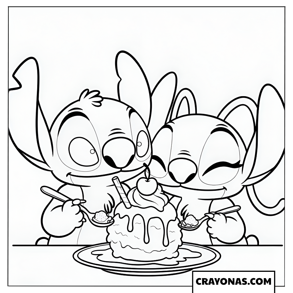 Stitch and Angel Eating a Giant Cake Coloring Page