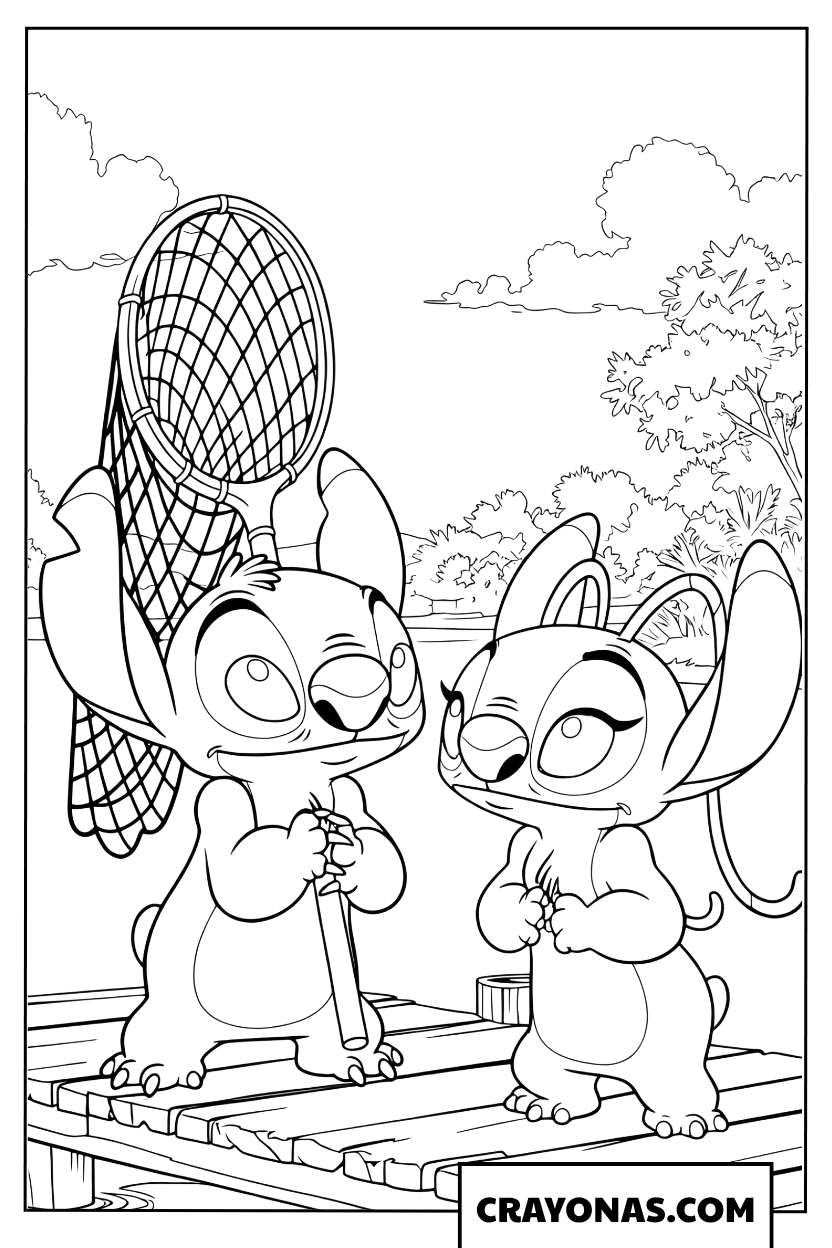 Stitch and Angel Fishing on the Pier Coloring Page