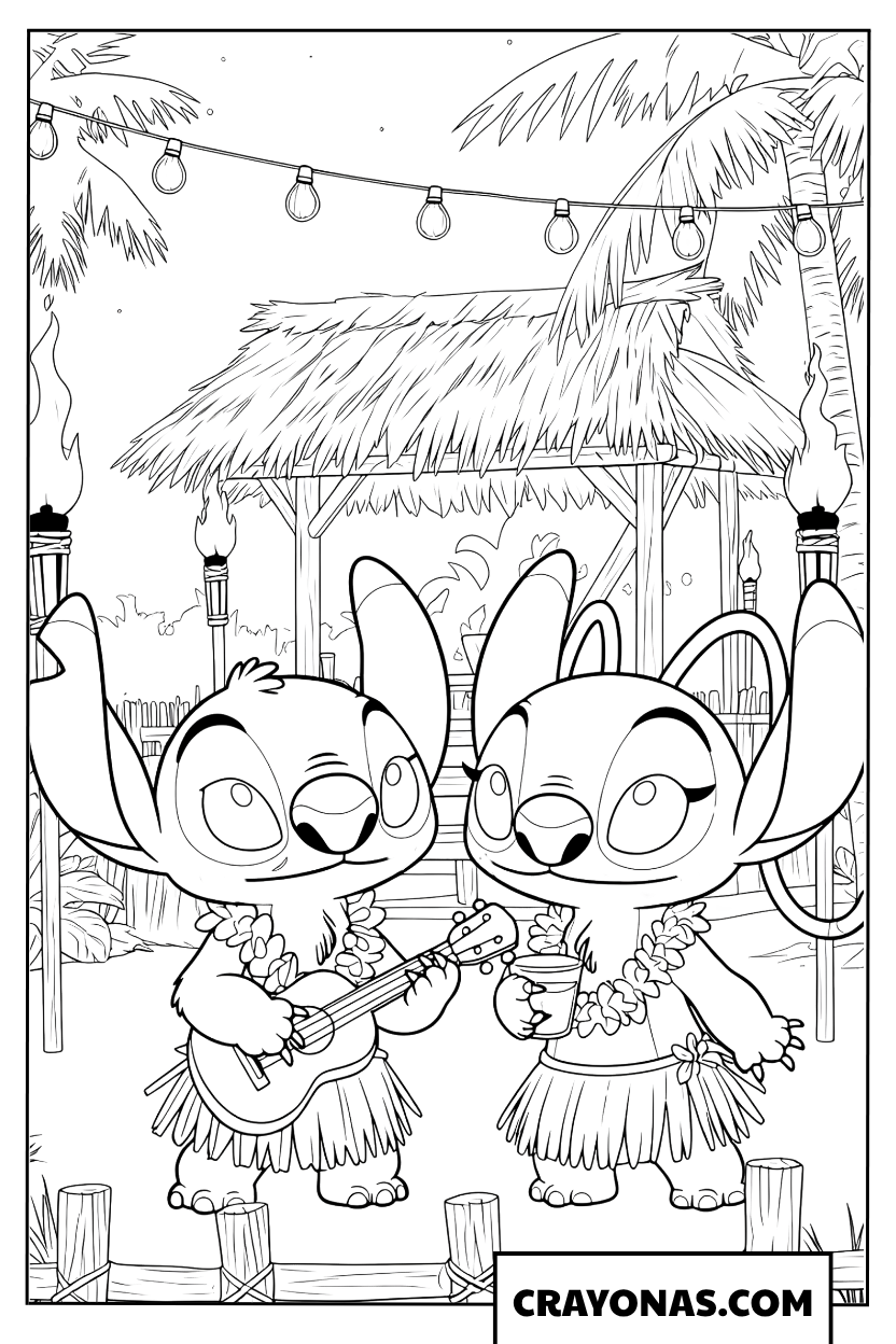 Stitch and Angel Performing Hawaiian Music Coloring Page