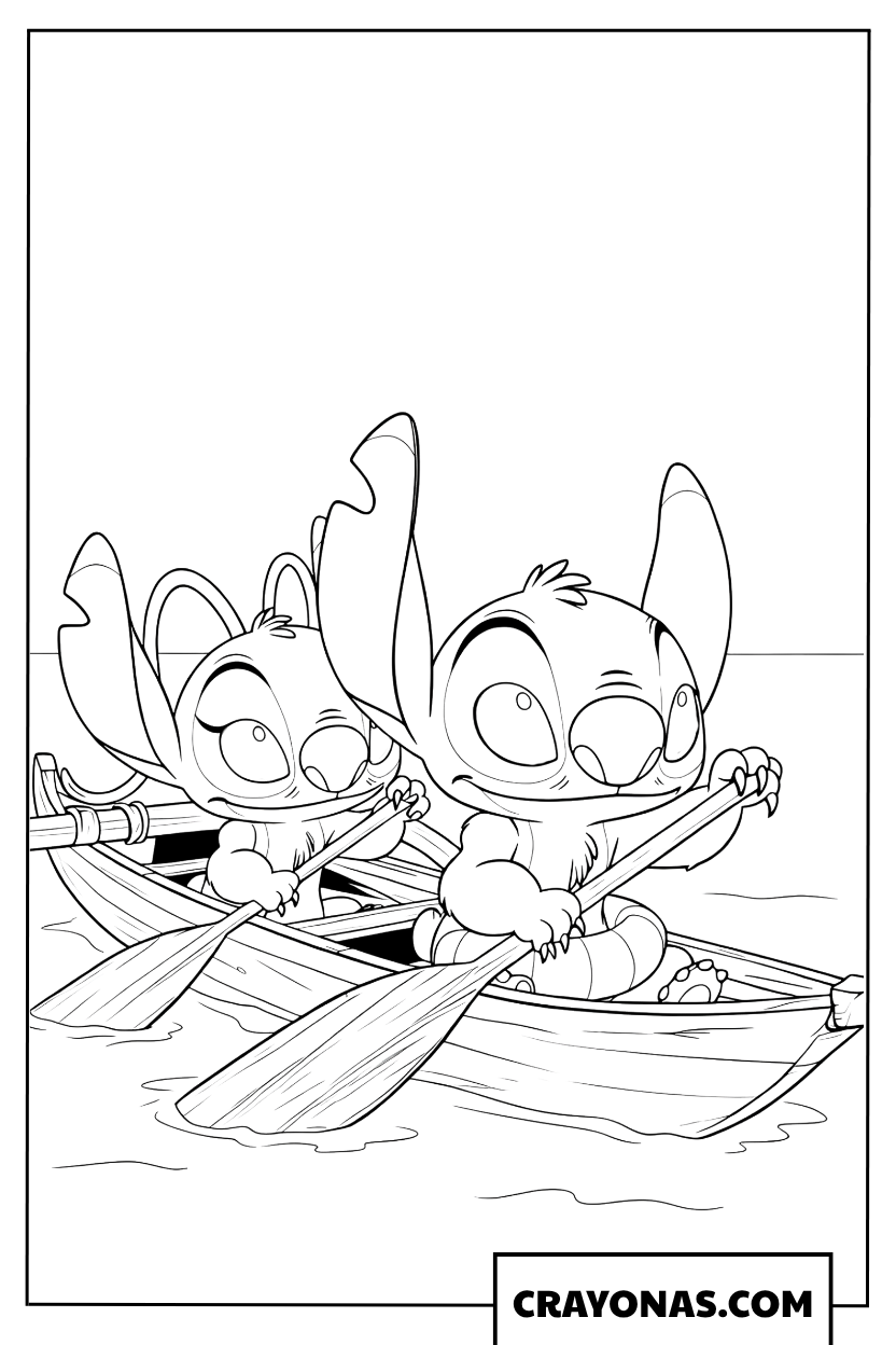 Stitch and Angel Rowing a Boat on the Sea Coloring Page