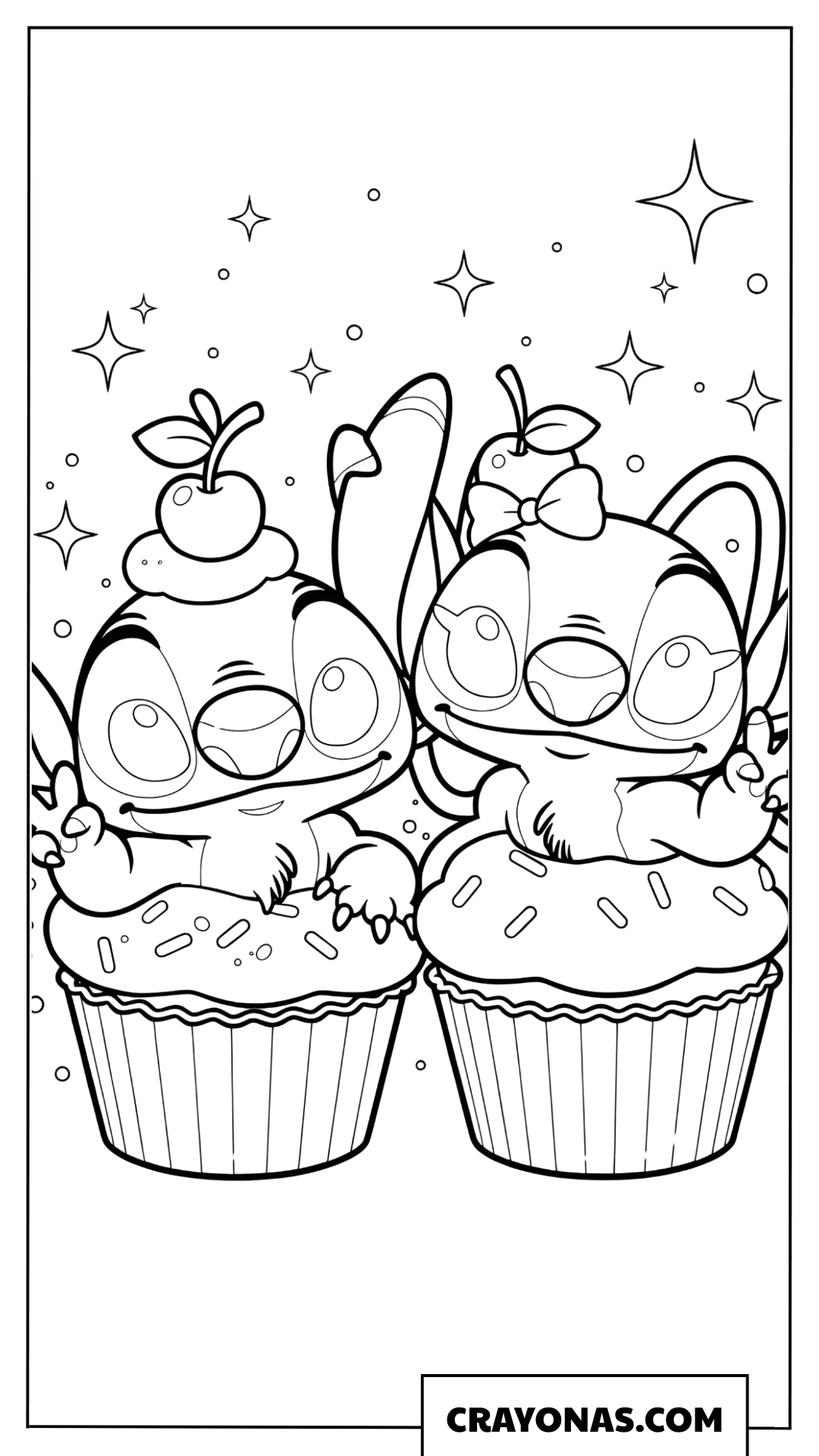 Stitch and Angel Sitting Inside Cupcakes Coloring Page