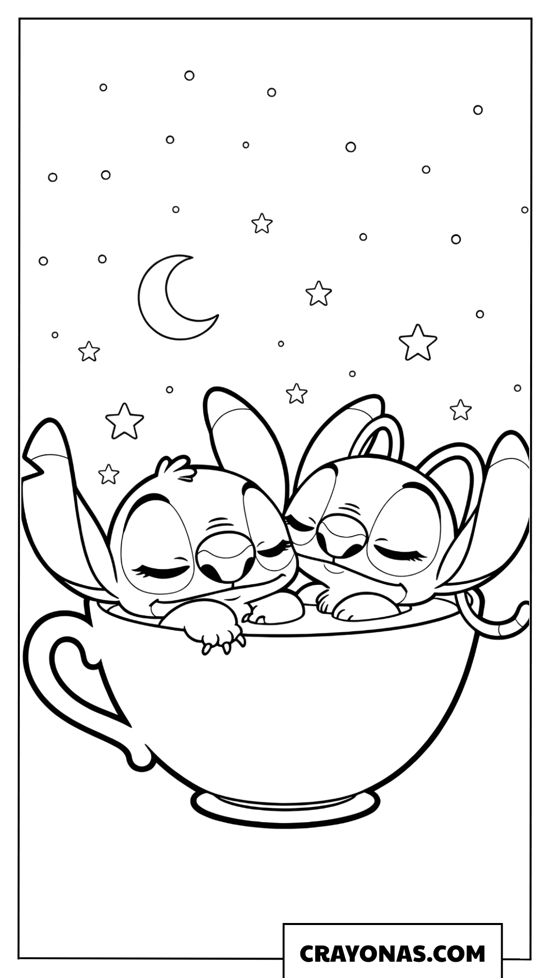 Stitch and Angel Sleeping in a Teacup Coloring Page