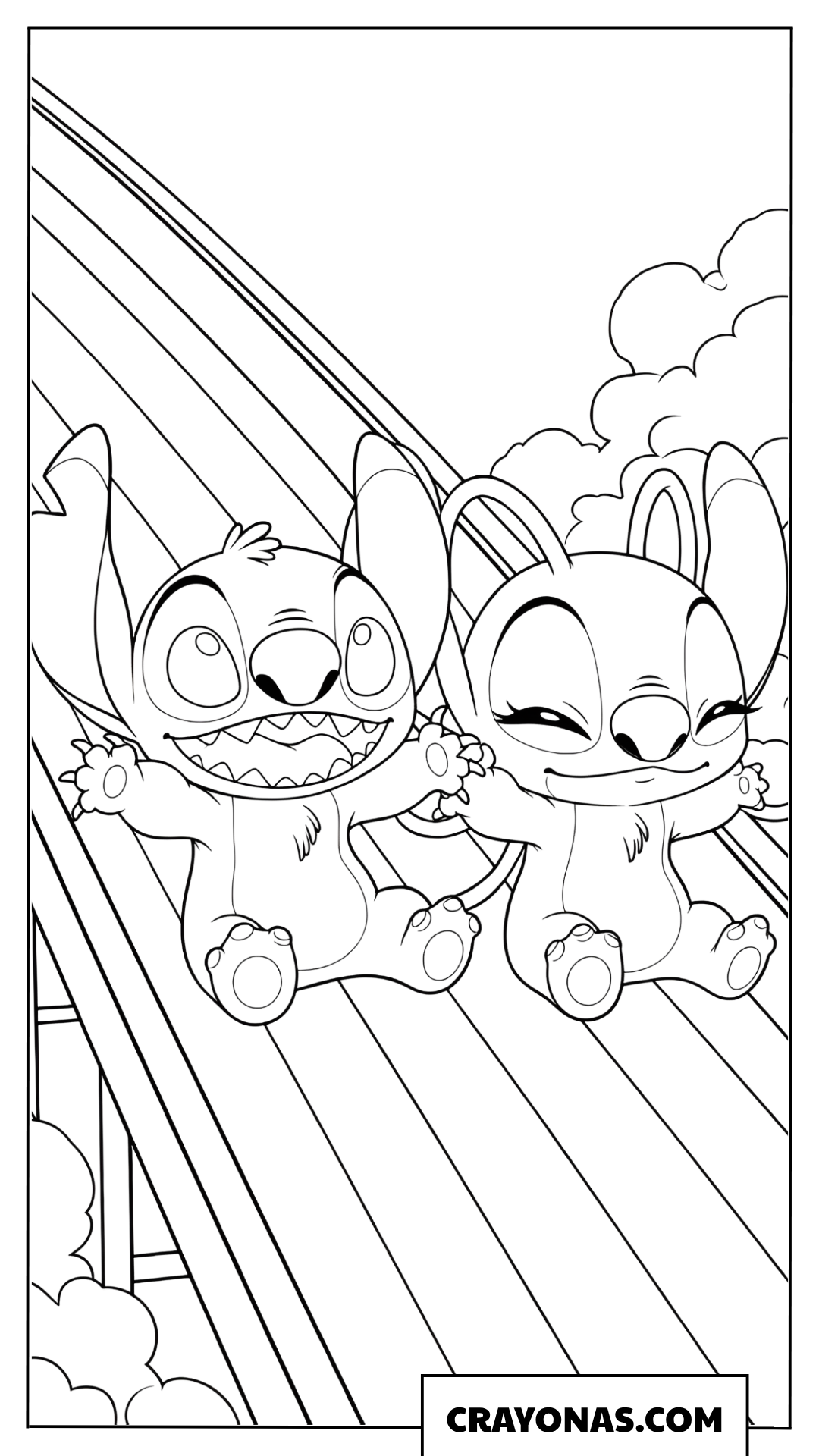 Stitch and Angel Sliding Down a Rainbow Coloring Page