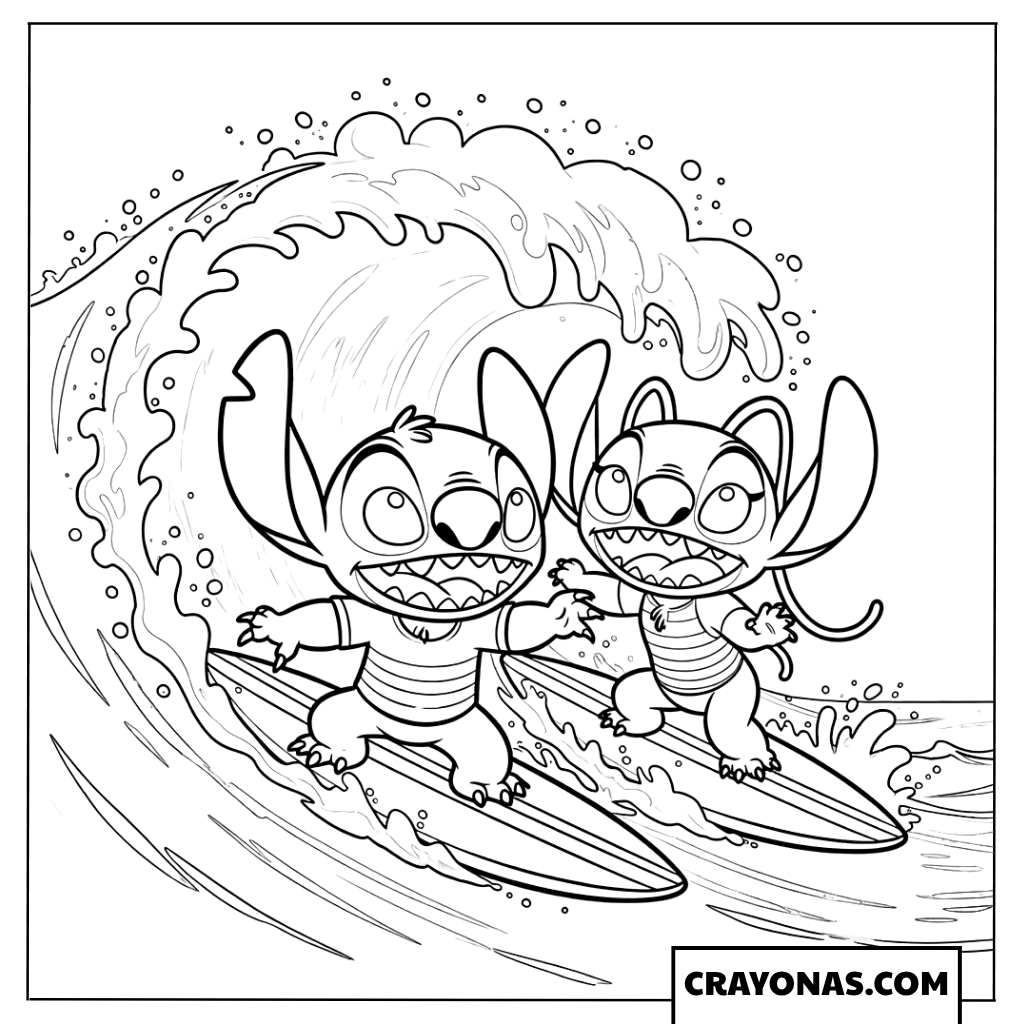 Stitch and Angel Surfing on the Ocean Waves Coloring Page