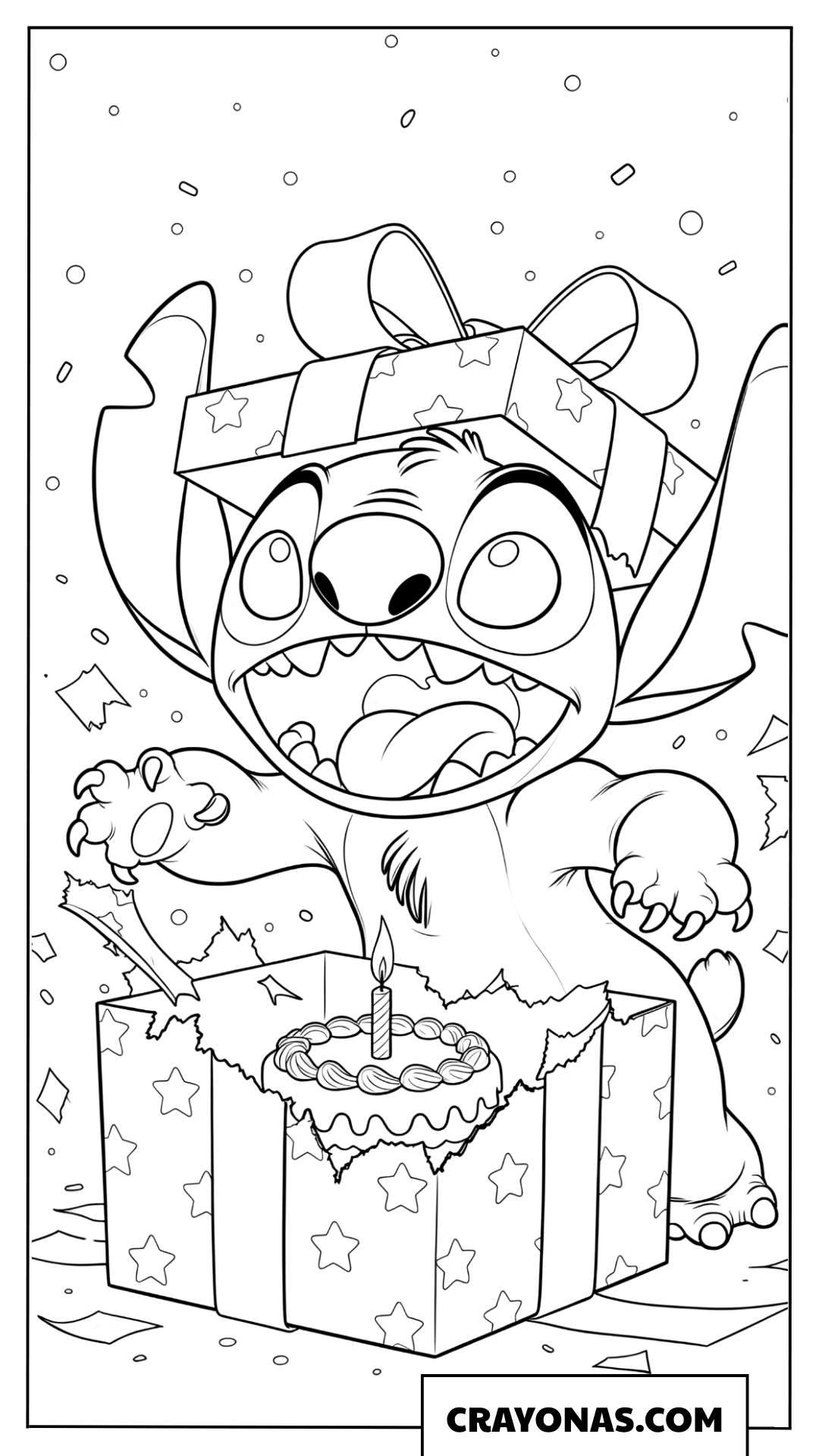Stitch and Exploding Birthday Surprises Coloring Page