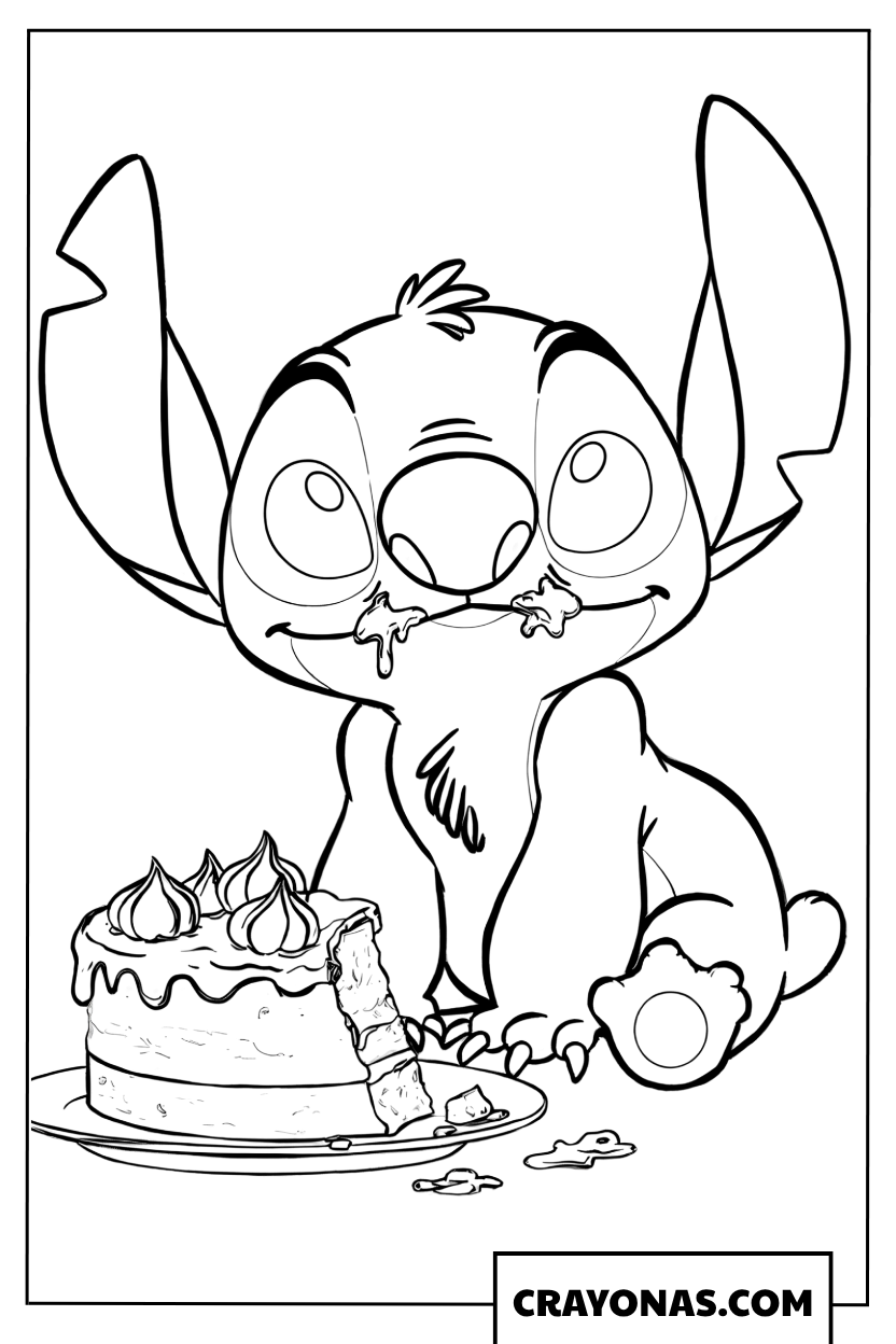 Stitch and the Half-Eaten Cake Coloring Page