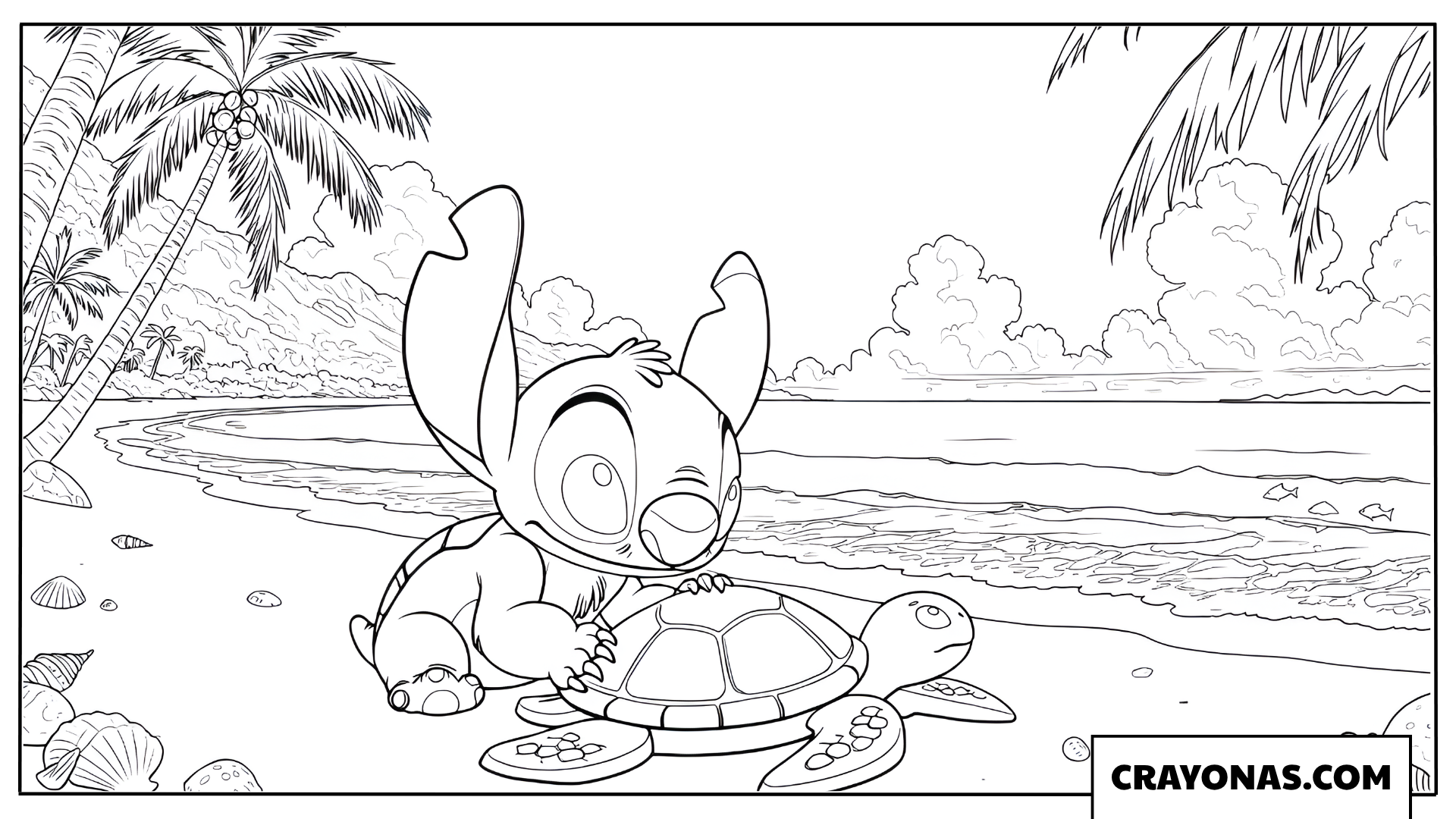 Stitch and the Little Sea Turtle Coloring Page