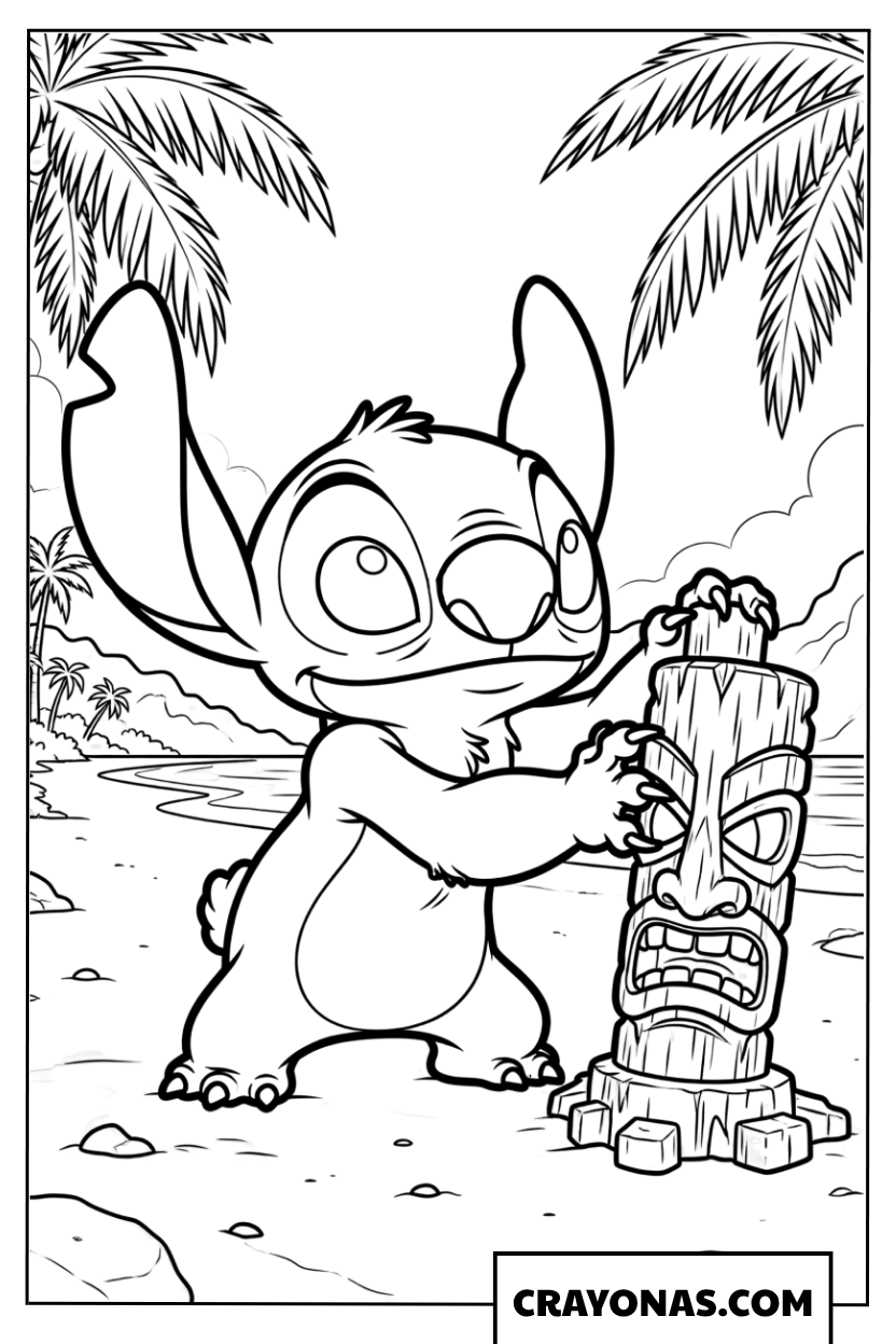 Stitch exploring a Tiki statue on the beach coloring page