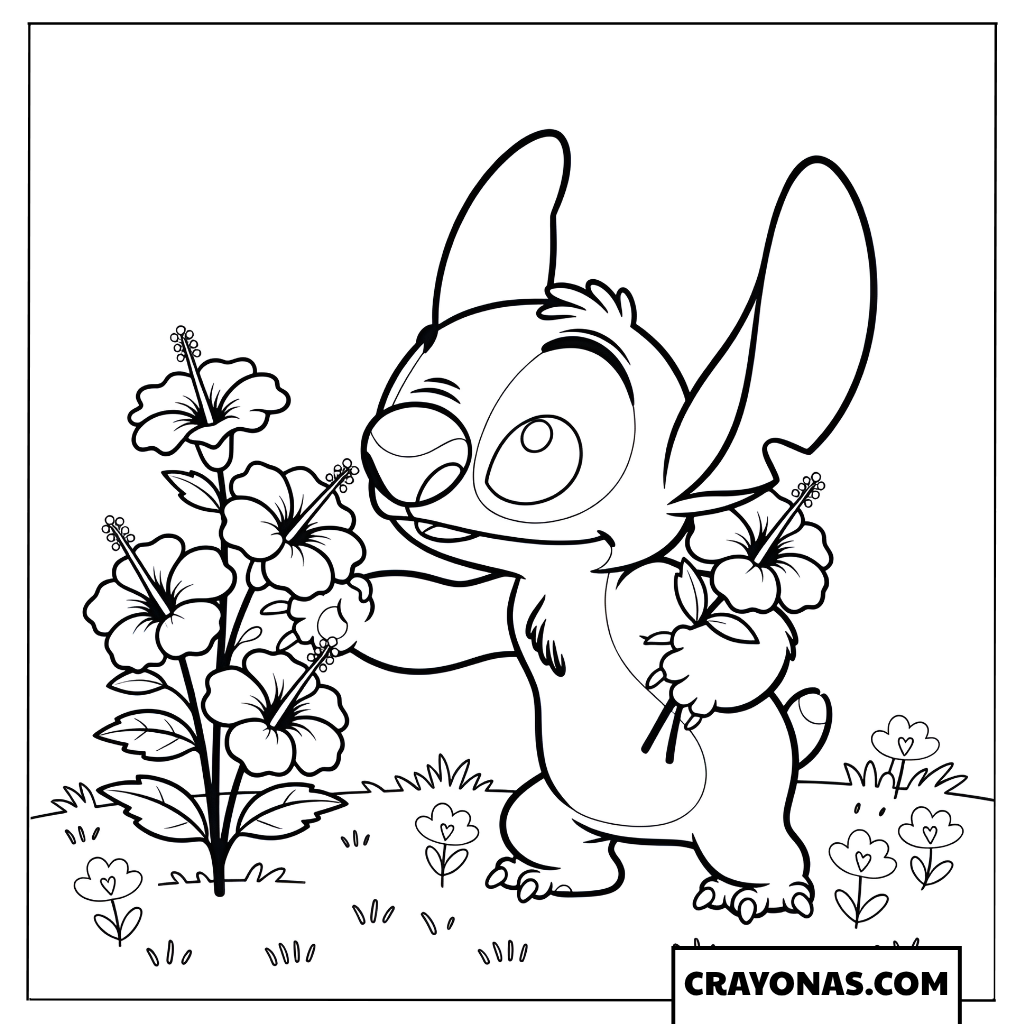 Stitch in the Flower Garden Coloring Page