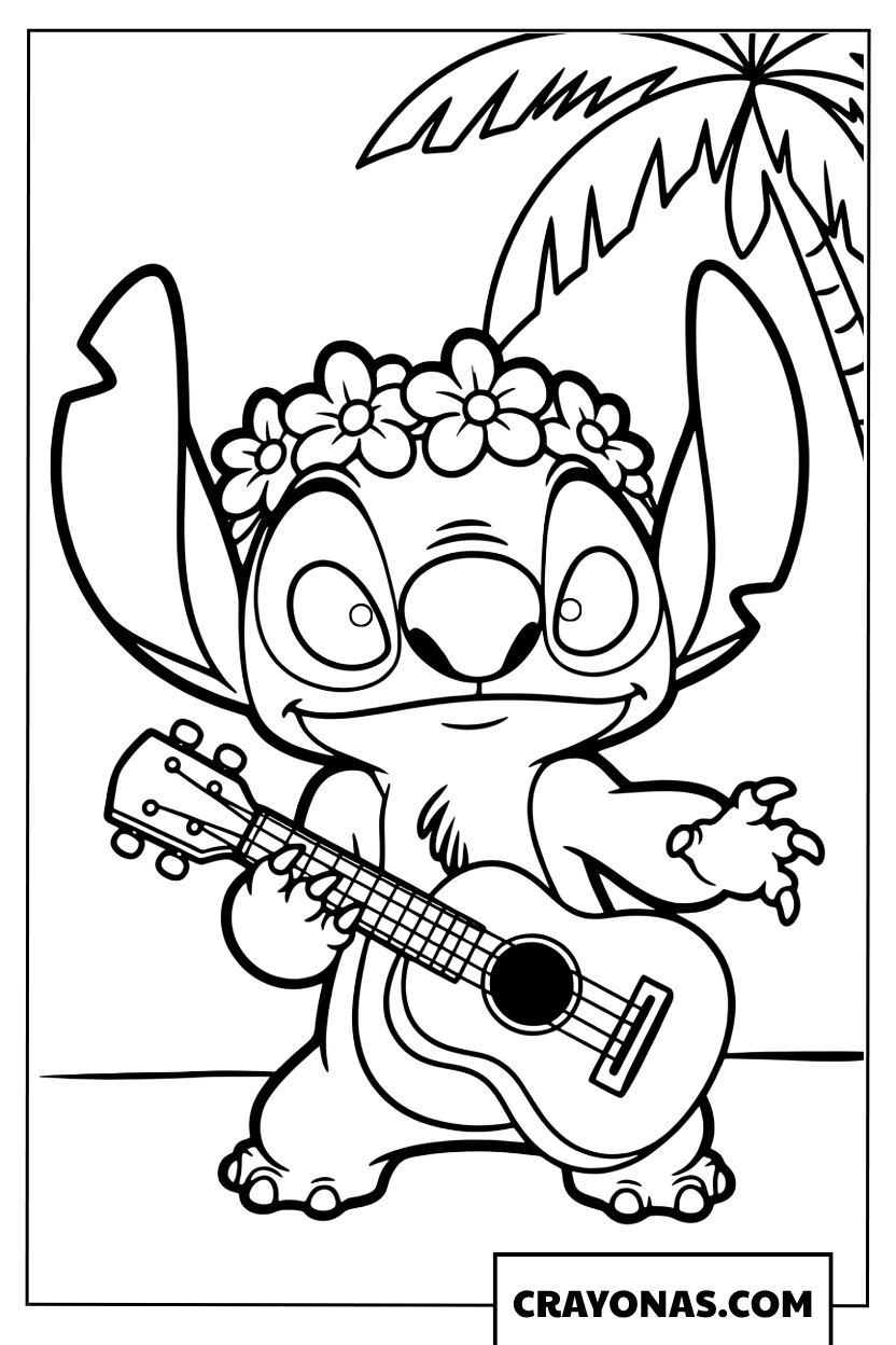 Stitch playing the Ukulele coloring page