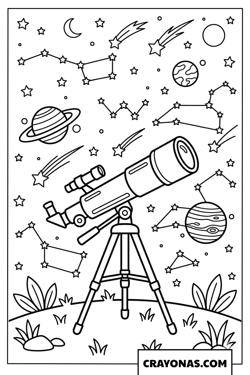 Telescope and Constellations Coloring Page