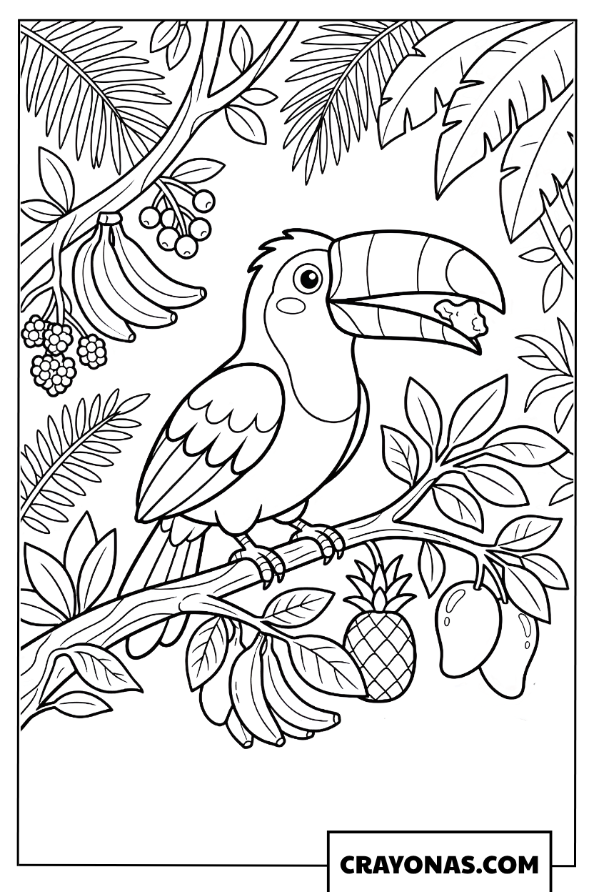 Toucan on a Fruitful Branch Coloring Page