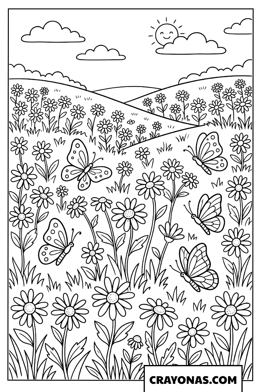 Vibrant Summer Flower Field Coloring Page