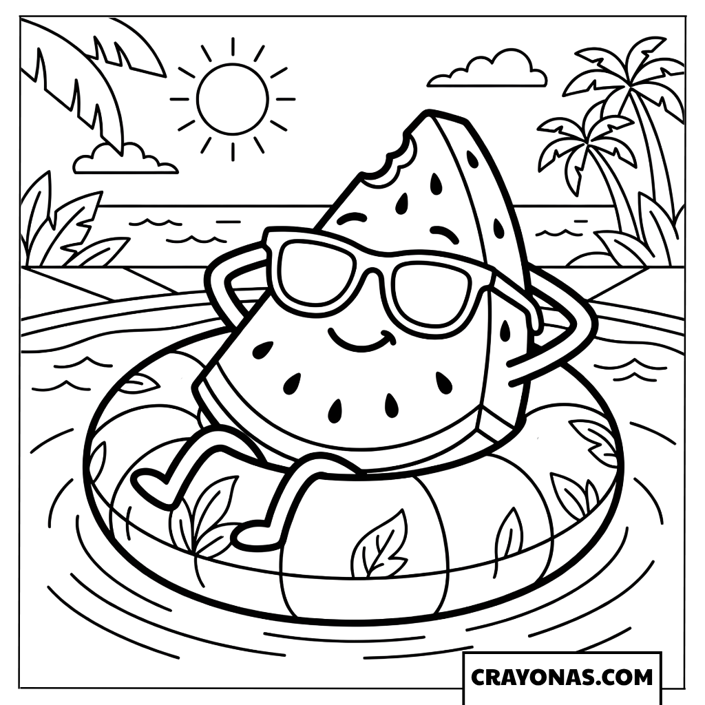 Watermelon Relaxing on a Float Coloring Page