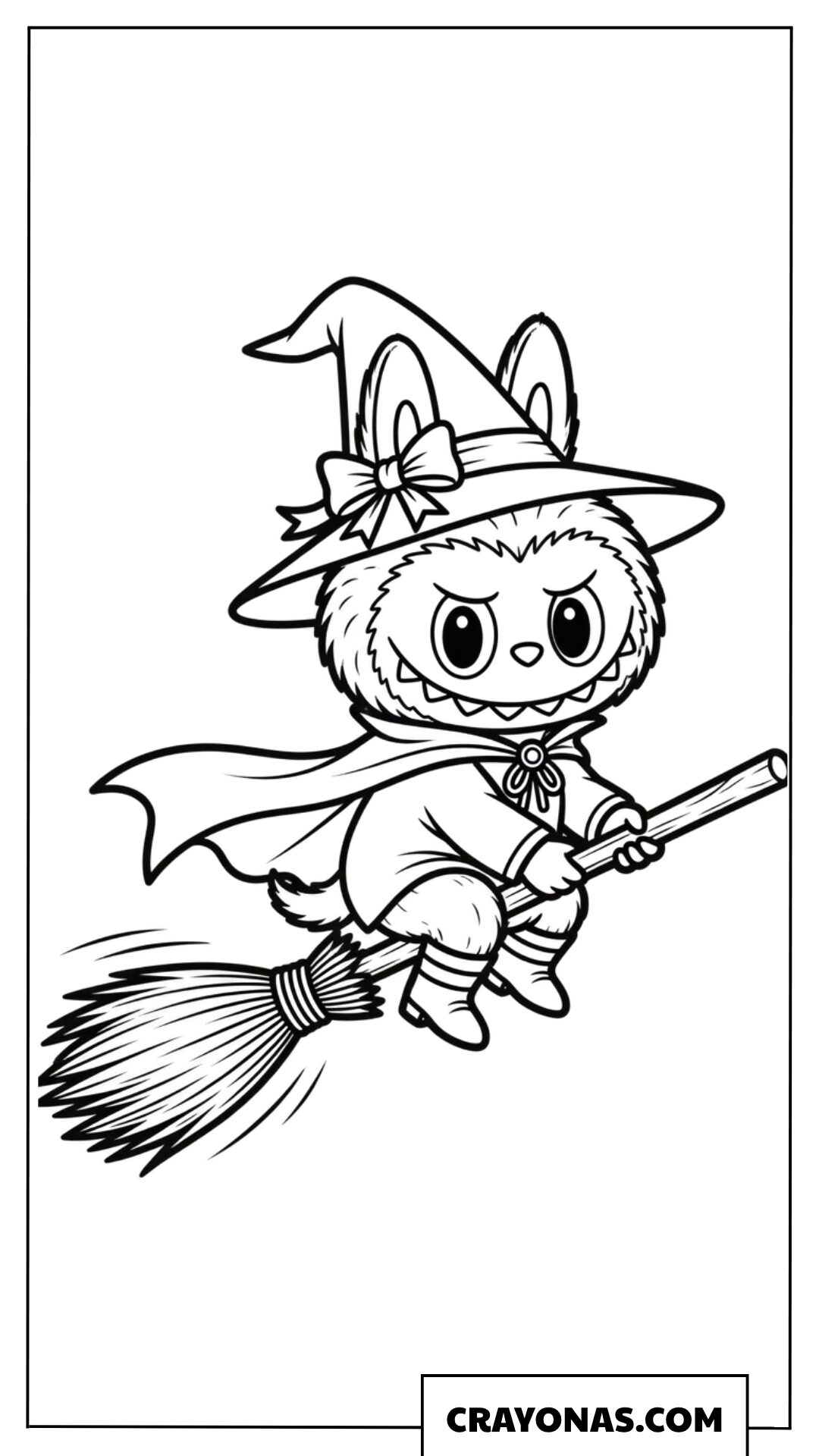 Witch Labubu Flying on a Broomstick at Night Coloring Page