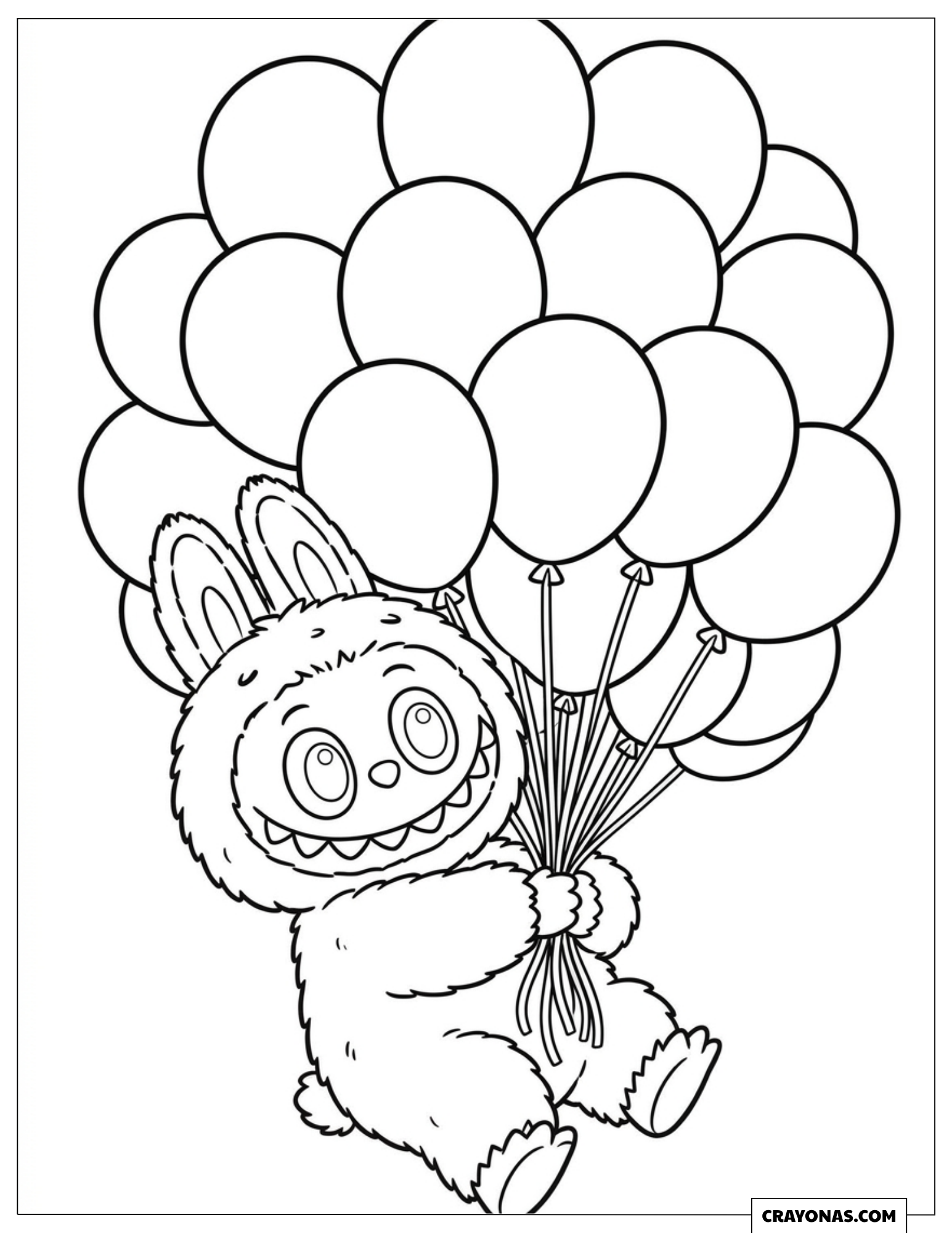 Labubu Floating with Helium Balloons Coloring Page for Kids