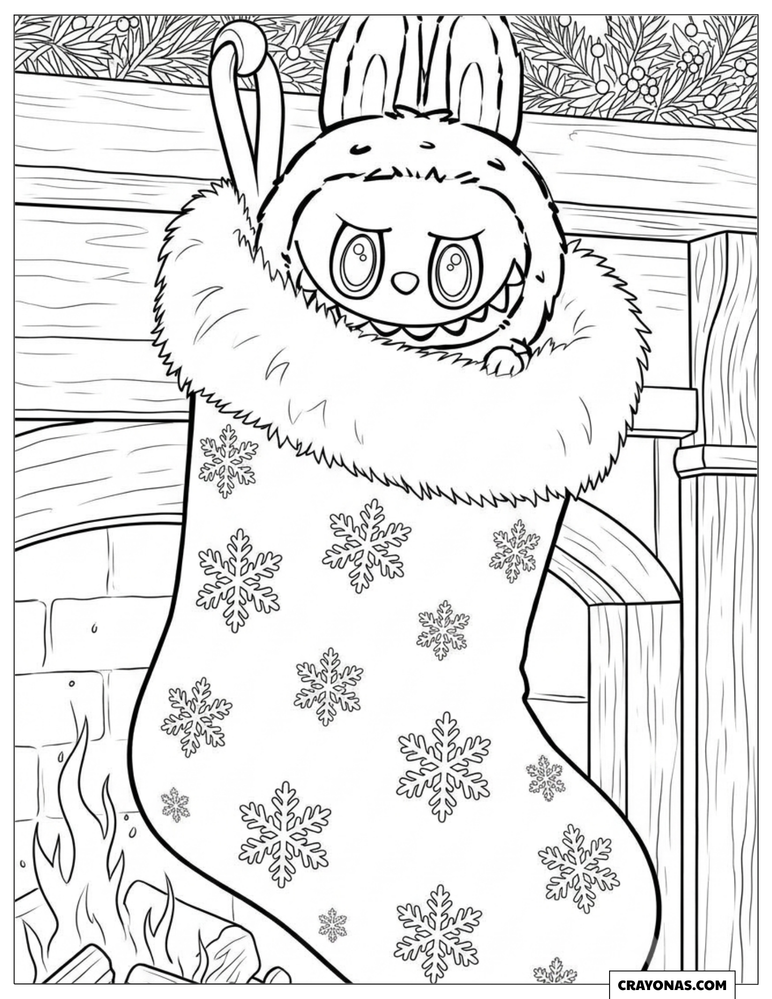 Labubu Hiding in a Stocking Coloring Sheet for Kids
