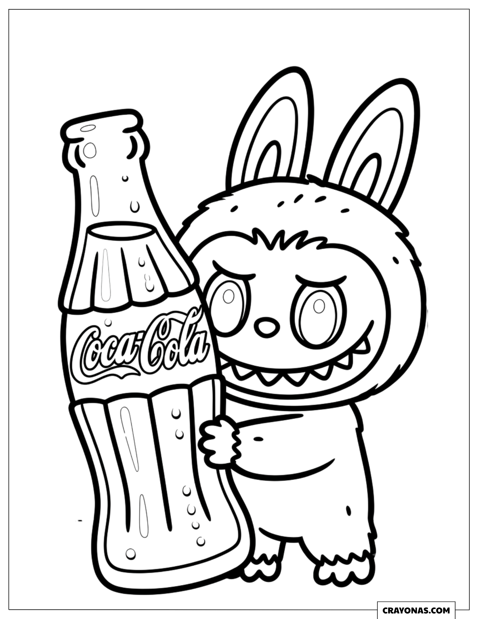Labubu Hugging a Vintage Coca Cola Bottle Coloring Sheet for Kids