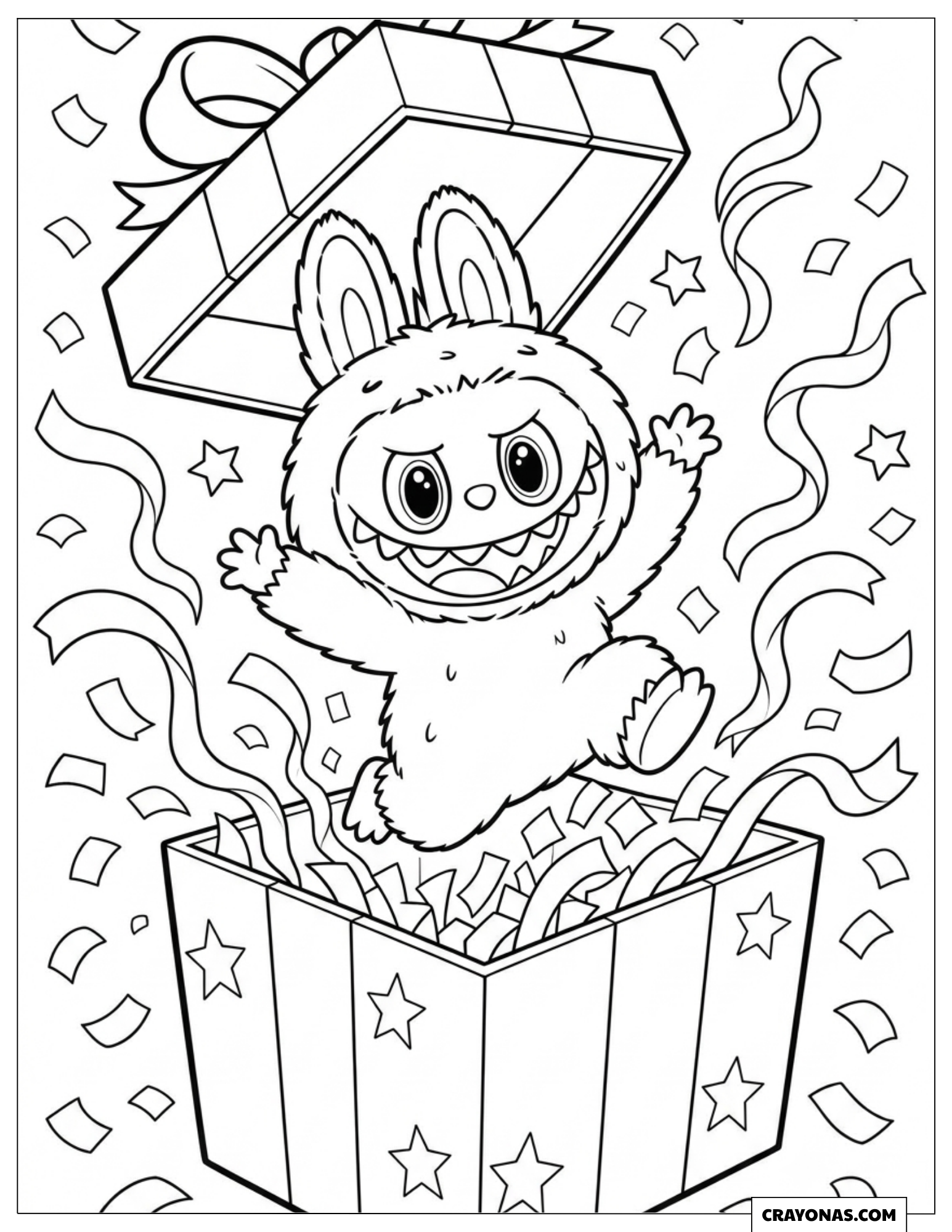 Labubu Jumping out of a Gift Box coloring sheet