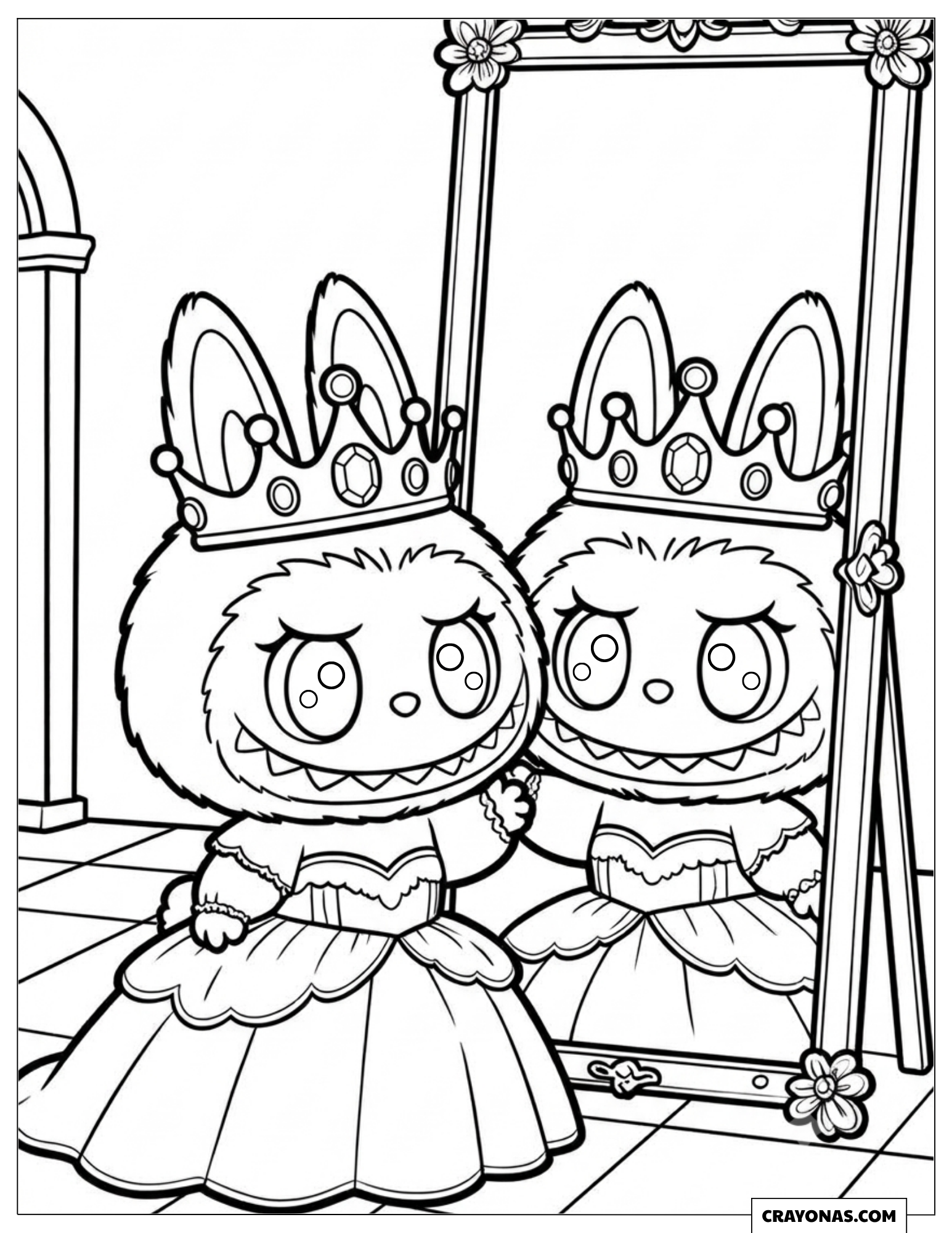Labubu Looking in the Royal Mirror Coloring Page for Preschooler