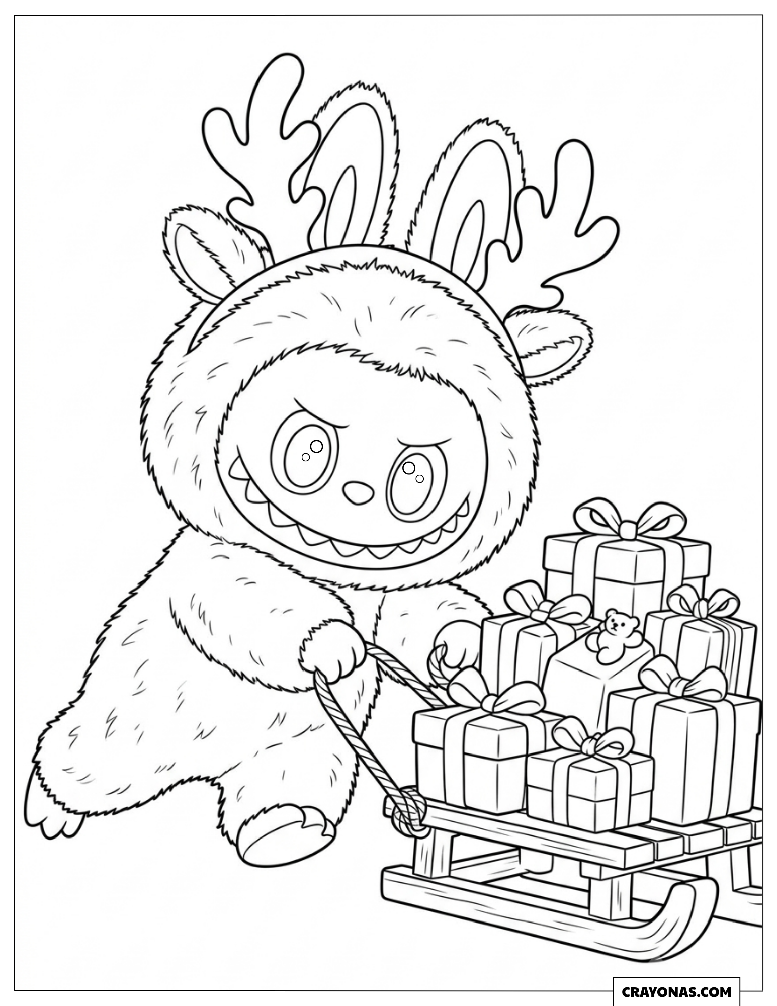 Labubu Pulling a Toy Sleigh coloring sheet