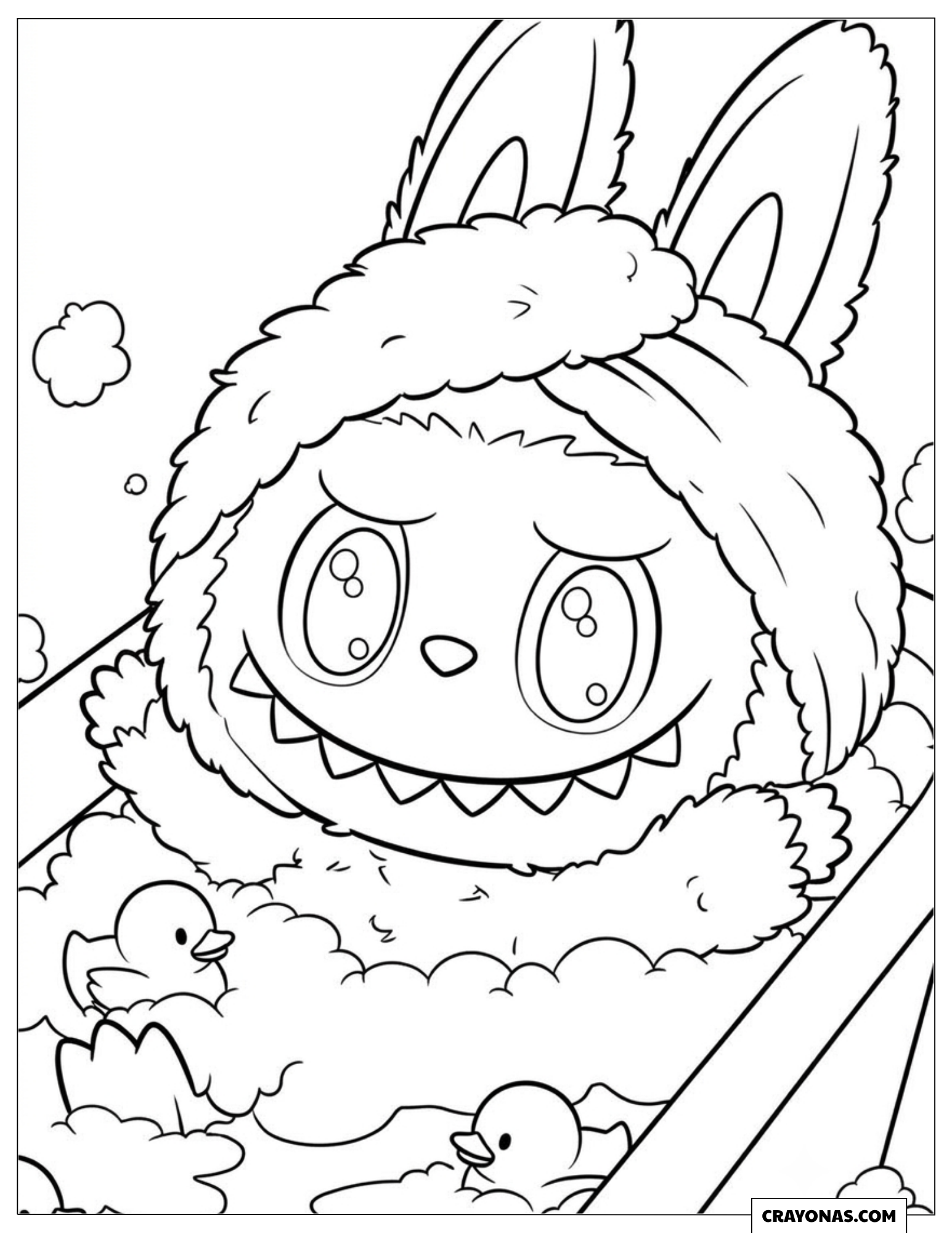 Labubu Taking a Bubble Bath Coloring Page for Kids